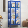 UNICOLY Display Cabinet with Glass Doors, Glass Display Cabinet with 8 Color LED Lights, Curio Display Cabinet with 3 Shelves for Living Room, Plant, Display Shelf, Assembly Required, Blue