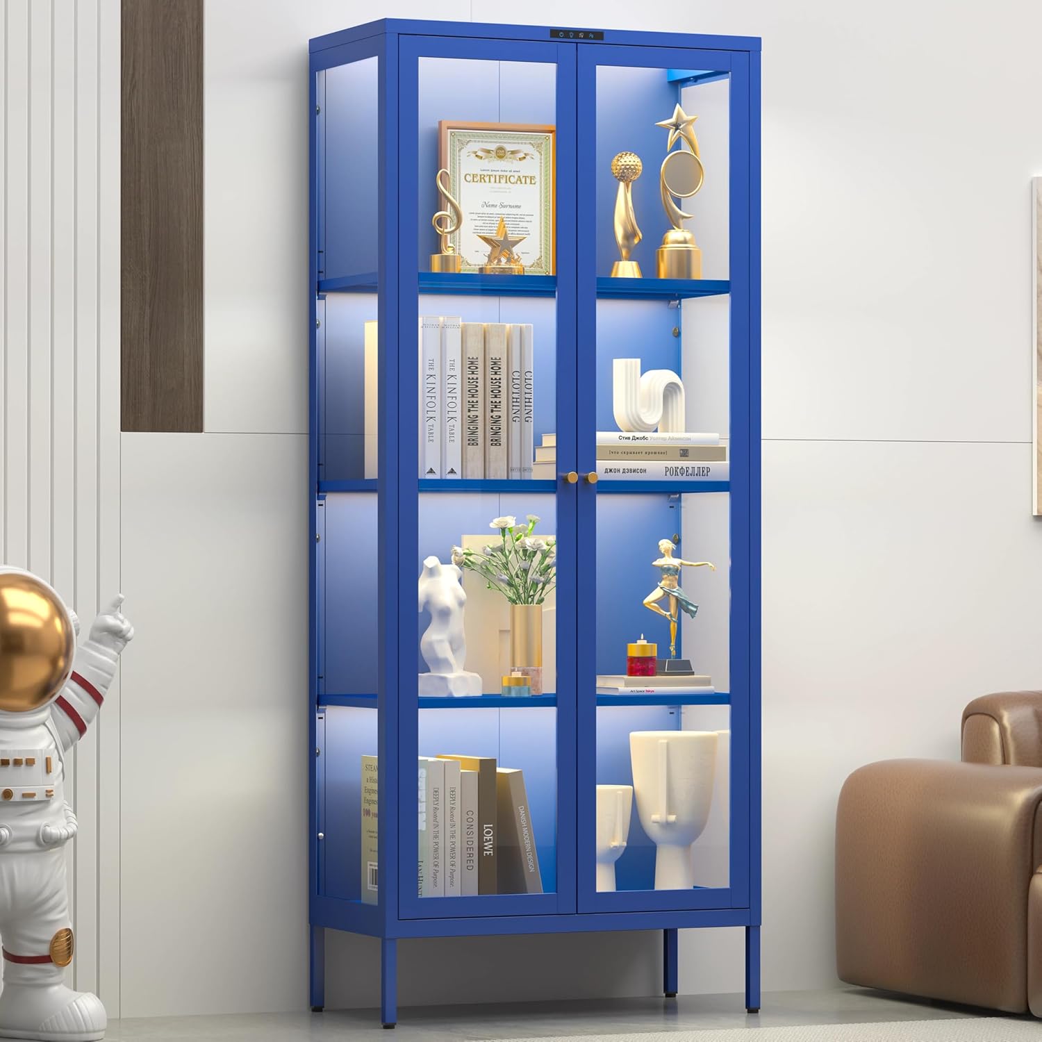 UNICOLY Display Cabinet with Glass Doors, Glass Display Cabinet with 8 Color LED Lights, Curio Display Cabinet with 3 Shelves for Living Room, Plant, Display Shelf, Assembly Required, Blue