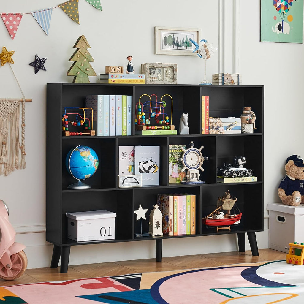 LEYAOYAO 10 Cube Bookshelf, 3 Tier Vintage 55' Wide Bookcase with Legs, Mid-Century Wood Bookshelves Storage, Black Large Book Case, Freestanding Organizer Display Shelf for Living Room, Office