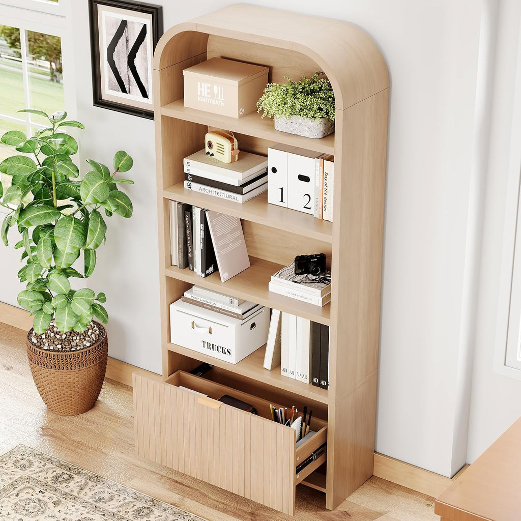 LEVNARY Arched Bookcase with Drawer, 70' Tall 5-Tier Bookshelf with Fluted Carved Drawer, Freestanding Display Storage Cabinet for Living Room Bedroom Home Office (Natural)