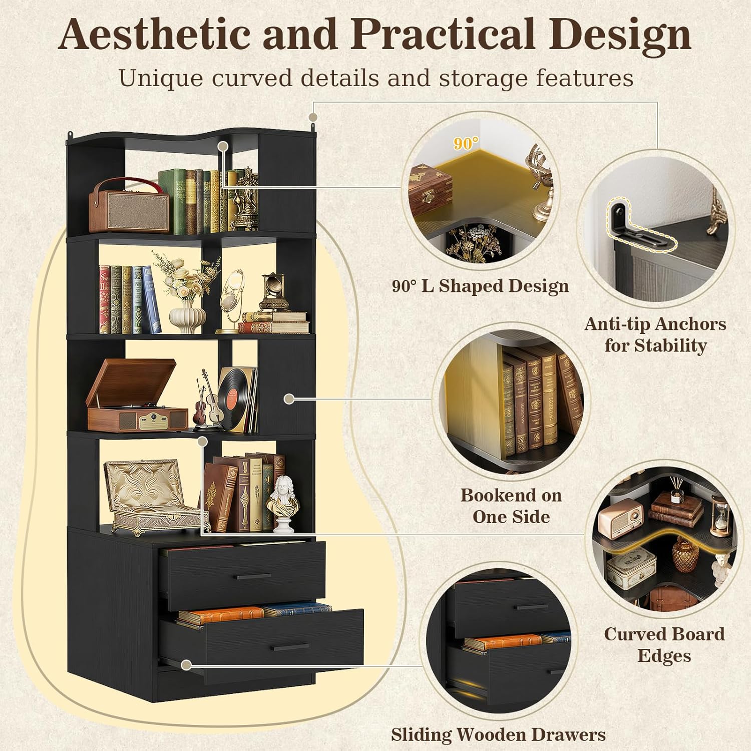 Armocity Corner Bookshelf with Drawers, 7 Tier Corner Book Shelf Display Bookcase, Freestanding L Shaped Bookshelf for Bedroom, Home Office, Black