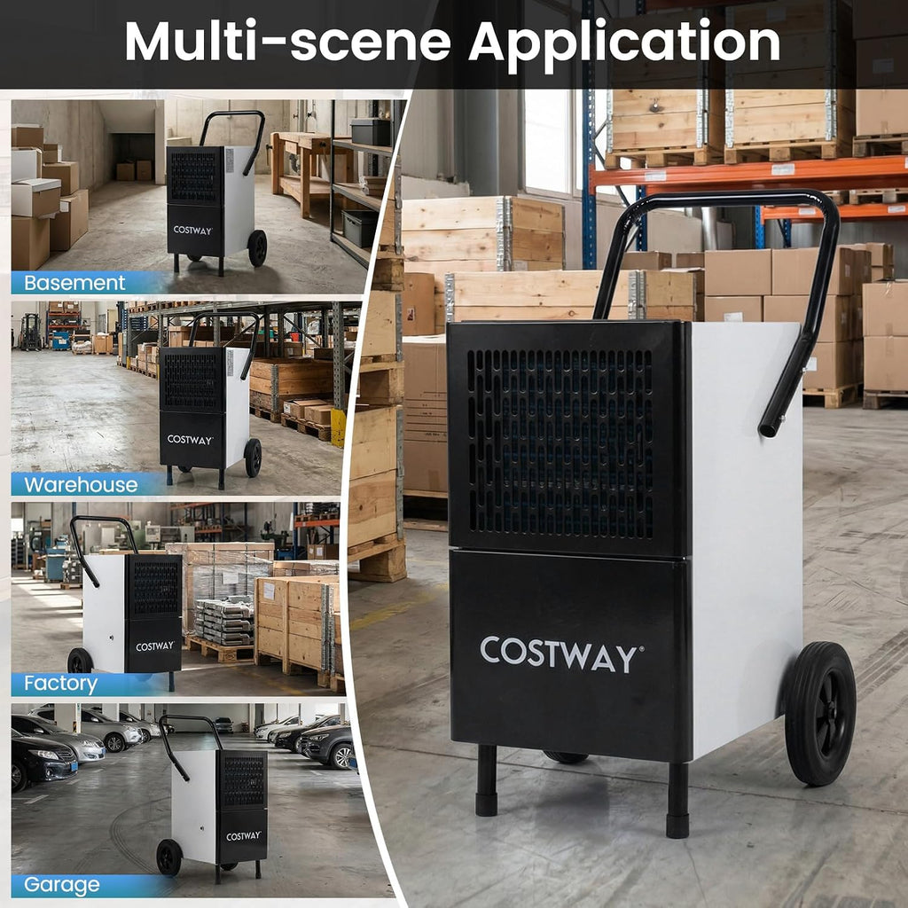 COSTWAY 189 Pints Commercial Dehumidifier with Pump, 3.3Ft Drain Hose & Wheels, Industrial Dehumidifier for Basement, Warehouse, Job Sites & Large Space Up to 7,500 Sq.Ft