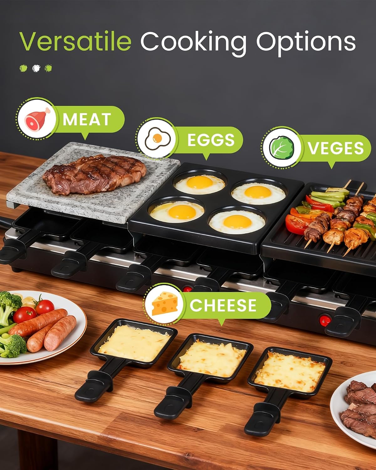 Raclette Table Grill - Indoor Electric Grill Griddle - Nonstick Extra Large Reversible 4-In-1 Outdoor Dishwasher Safe with Cheese 12 Paddles 12 Spatulas for 12 Person, FD-12RN1650