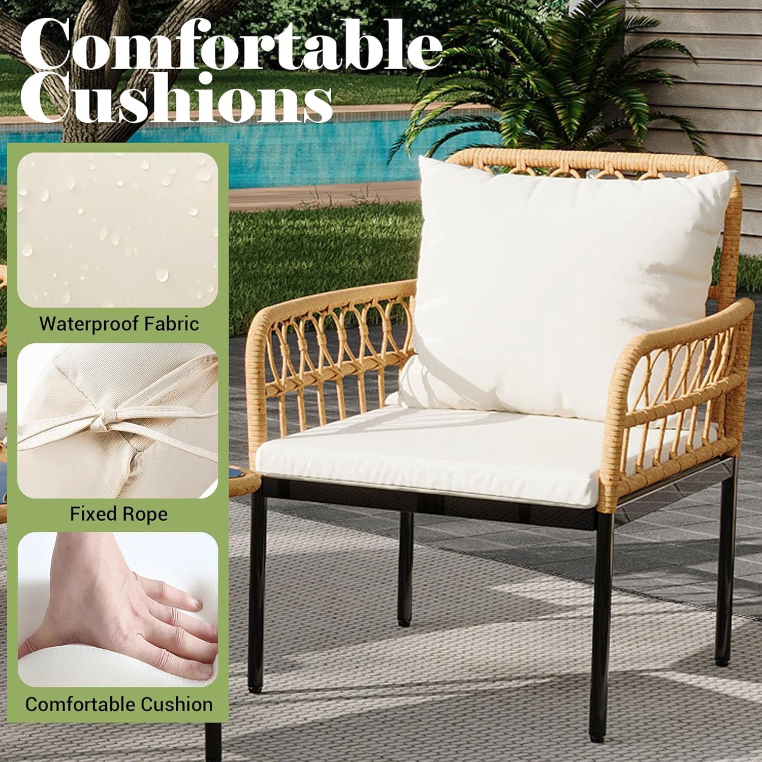 4-Piece All-Weather Rattan Bistro Patio Furniture Set with Deep Seating, Waterproof Thick Cushions, Soft Cushions, and Metal Coffee Table - Ideal for Garden and Porch Outdoor Relaxation