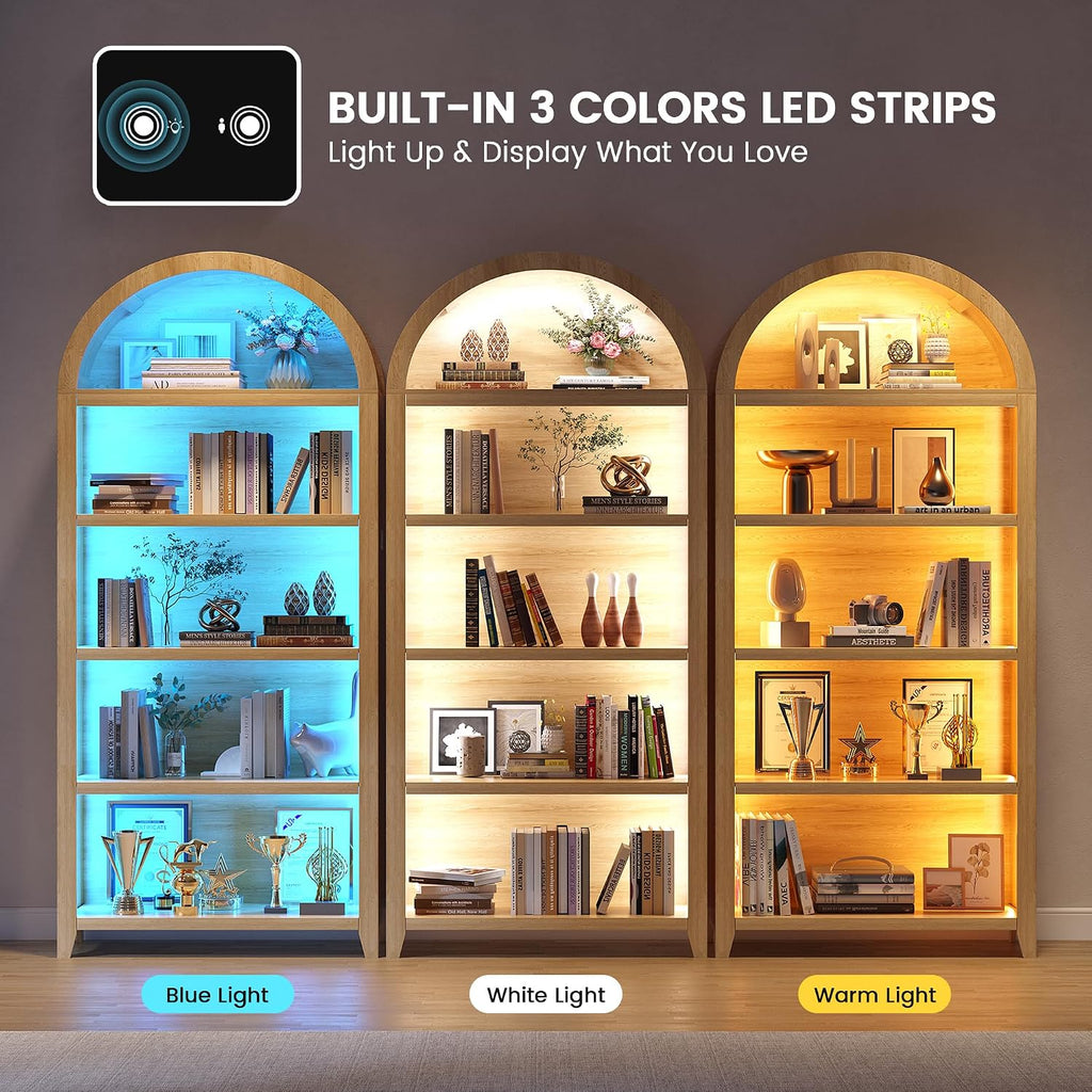 Arched Bookcase - 5 Layers Bookshelf with 3 Colors LED Sensor Lights and Thickened Wooden Design Display Shelf for Lego Books Bathroom Living Room - Ideal Gift (Wood)