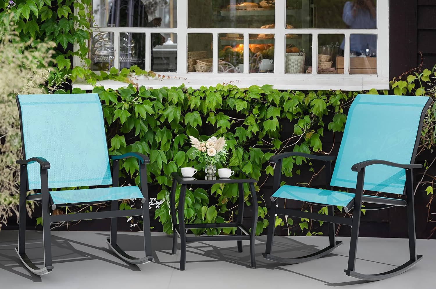 Vongrasig 3 Piece Outdoor Rocking Bistro Set, Textilene Fabric Small Patio Furniture Set, Front Porch Rocker Chairs Conversation Set with Glass Table for Lawn, Garden, Balcony, Poolside (Blue)