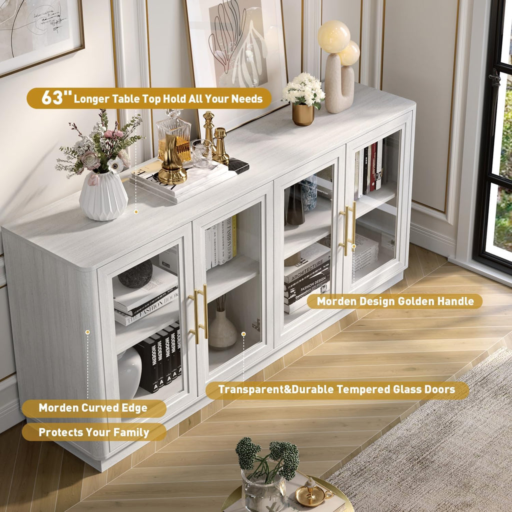 NEWOWNDS Buffet Cabinet with Storage,63' Large Sideboard,Kitchen Storage with 4 Glass Doors, Modern Glass Display Cabinet,Entryway Table for Dining Room,White
