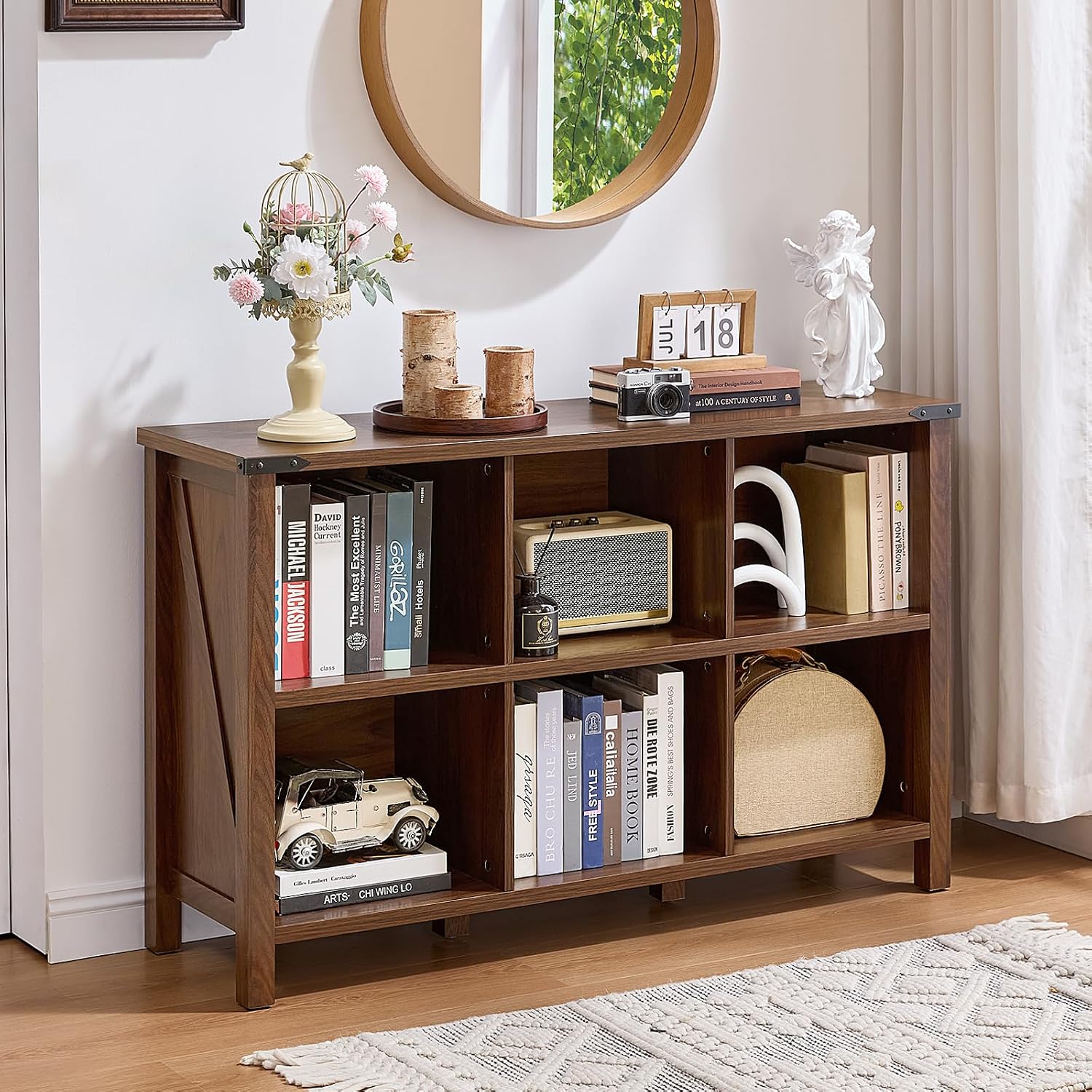 Joaxswe Farmhouse 6 Cube Book Shelf, Wood 3 Tier Storage Organizer Bookshelf, Brown Walnut 47' Horizontal Cubby Bookcase with Legs, Rustic Entryway Book Case, Long Display Cabinet for Bedroom, Office