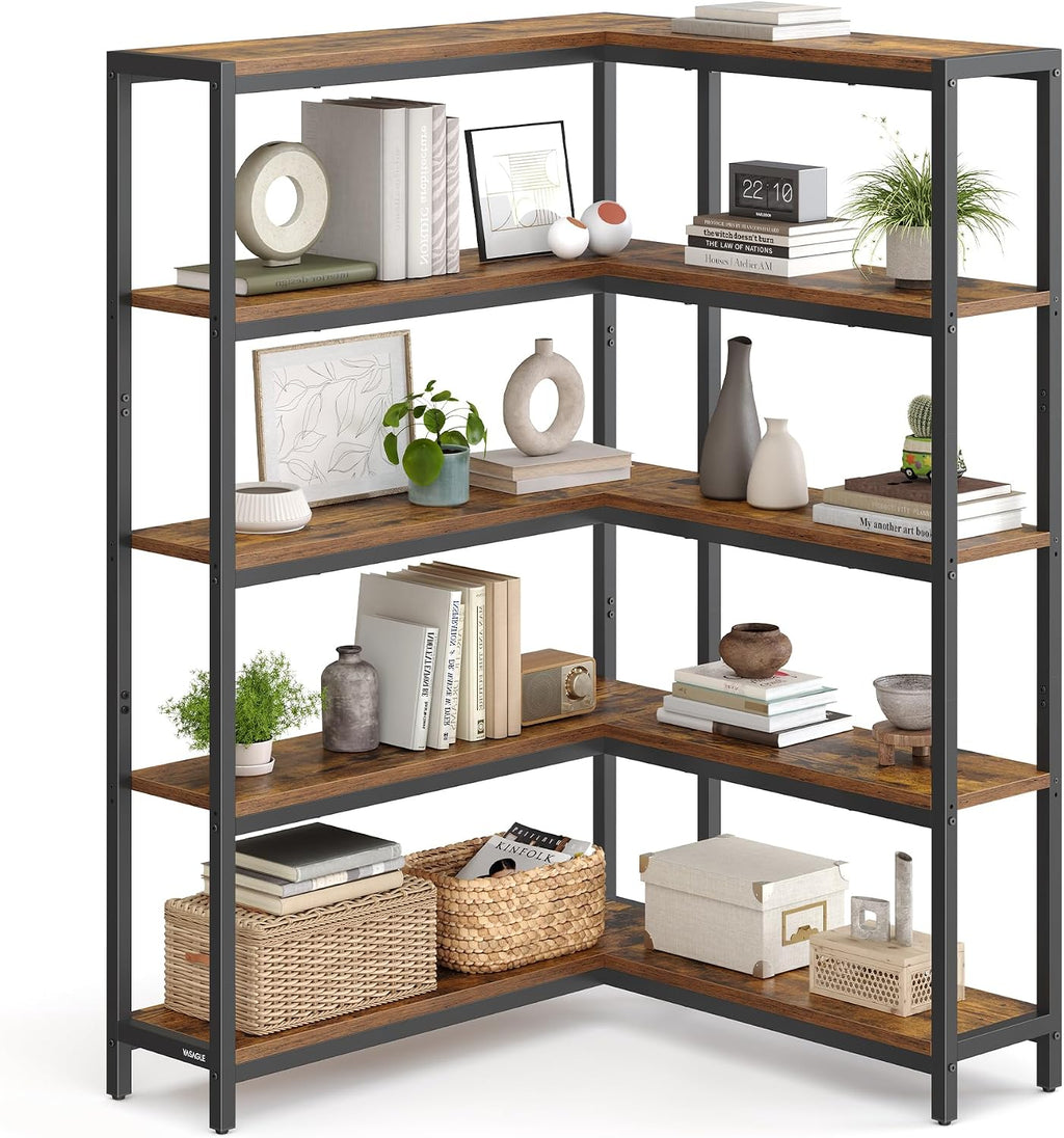 VASAGLE 5 Tier Bookshelf with Metal Frame, Convertible Industrial Corner Shelf, 9.4 x 52.8 x 55.9 Inches, for Living Room, Bedroom, Home Office, Rustic Brown and Ink Black ULLS815KD01