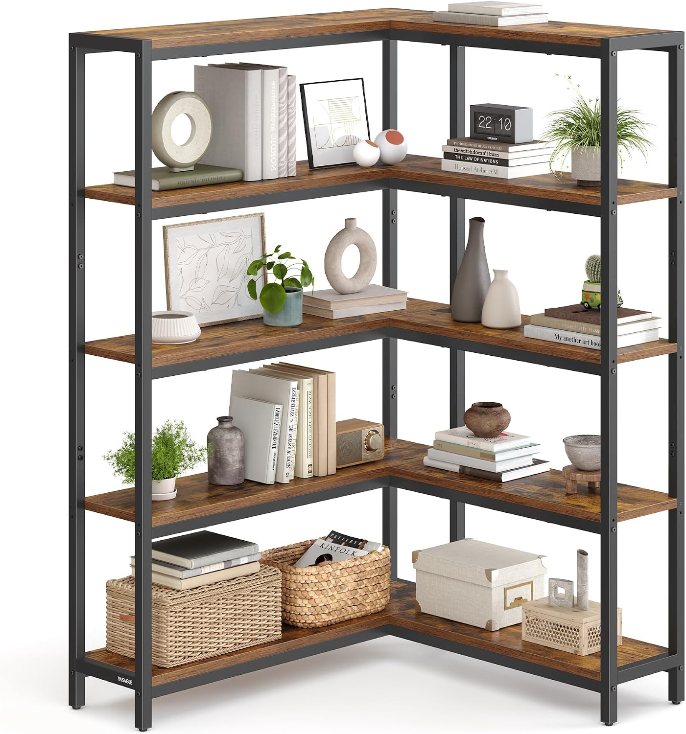 VASAGLE 5 Tier Bookshelf with Metal Frame, Convertible Industrial Corner Shelf, 9.4 x 52.8 x 55.9 Inches, for Living Room, Bedroom, Home Office, Rustic Brown and Ink Black ULLS815KD01