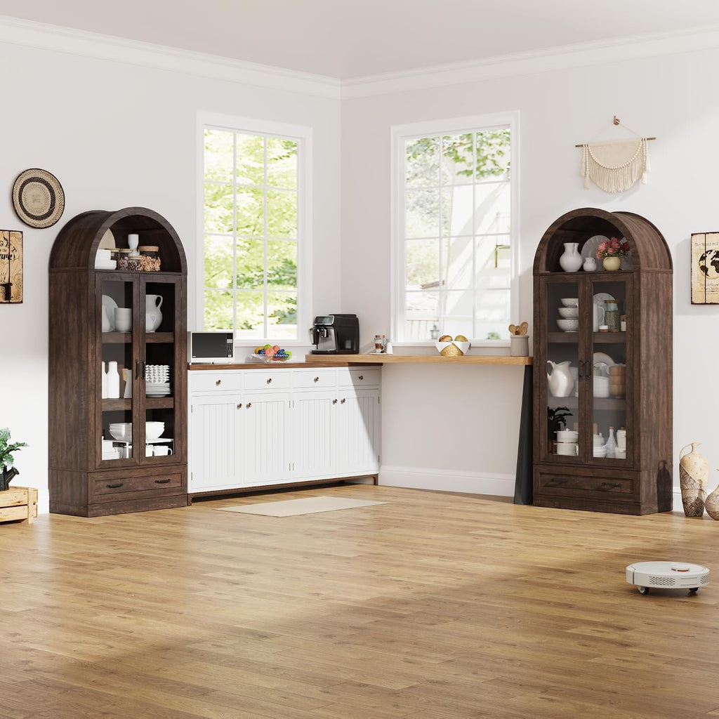 75' Tall Arched Kitchen Pantry Cabinet w Load-Bearing Steel Pipe,Modern Farmhouse Kitchens Storage Cabinet with Drawer and Glass Doors,Tall Arched Bookcase,Pantry Organizer(Rustic Brown)