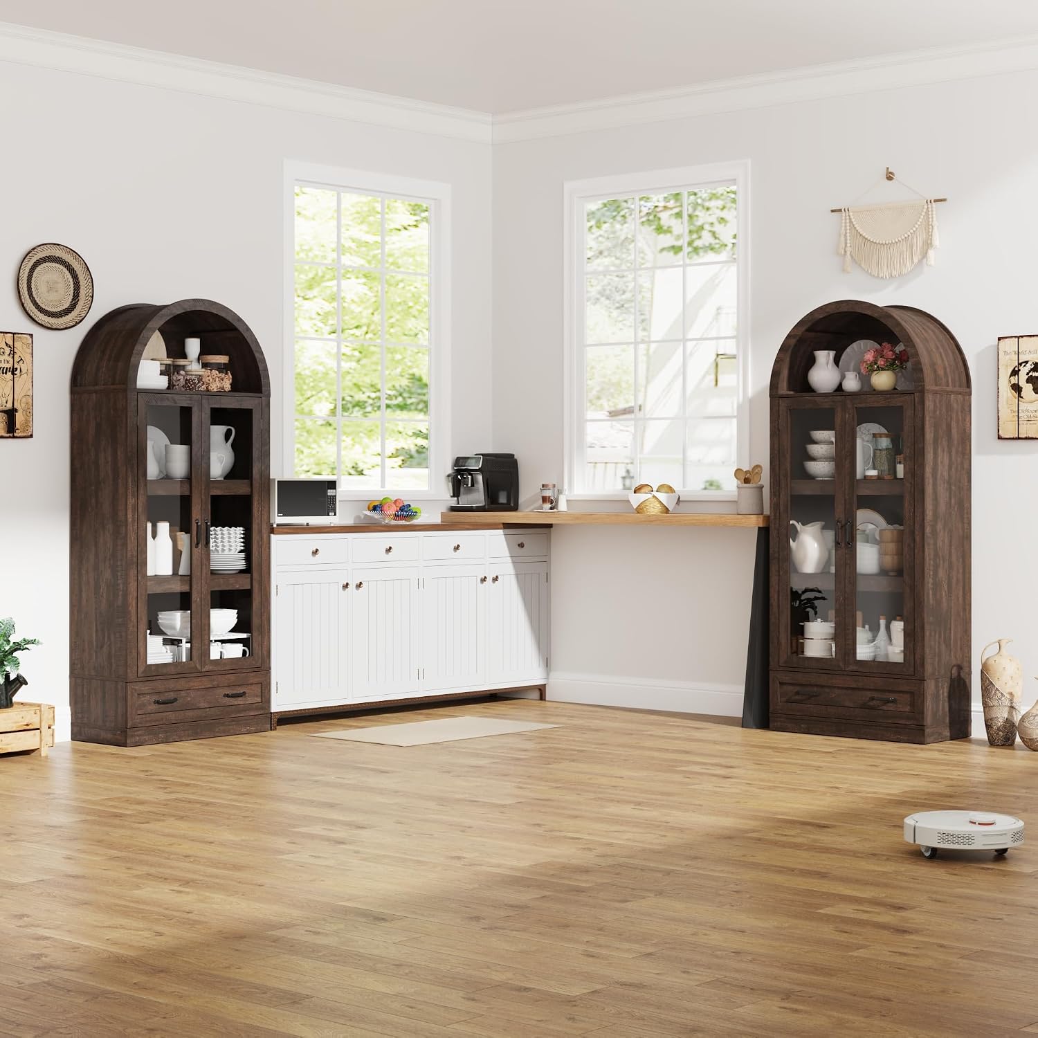 75' Tall Arched Kitchen Pantry Cabinet w Load-Bearing Steel Pipe,Modern Farmhouse Kitchens Storage Cabinet with Drawer and Glass Doors,Tall Arched Bookcase,Pantry Organizer(Rustic Brown)