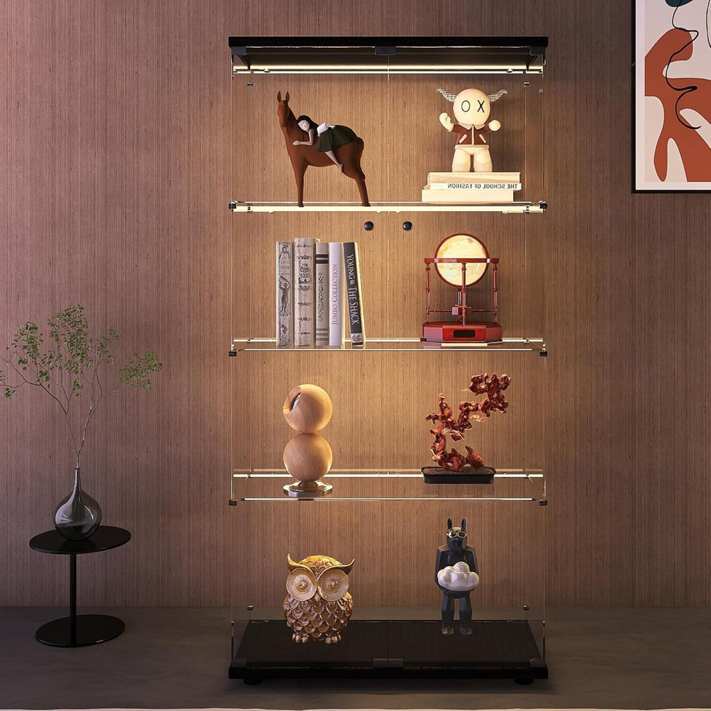 Modern 4-Tier Glass Display Shelf with 2 Doors, Curio Cabinet Collection - Floor Standing Display Case for Living Room, Bedroom, Home Office - 30' W x 14.5' D x 64' H (Black with LED Light Strip)