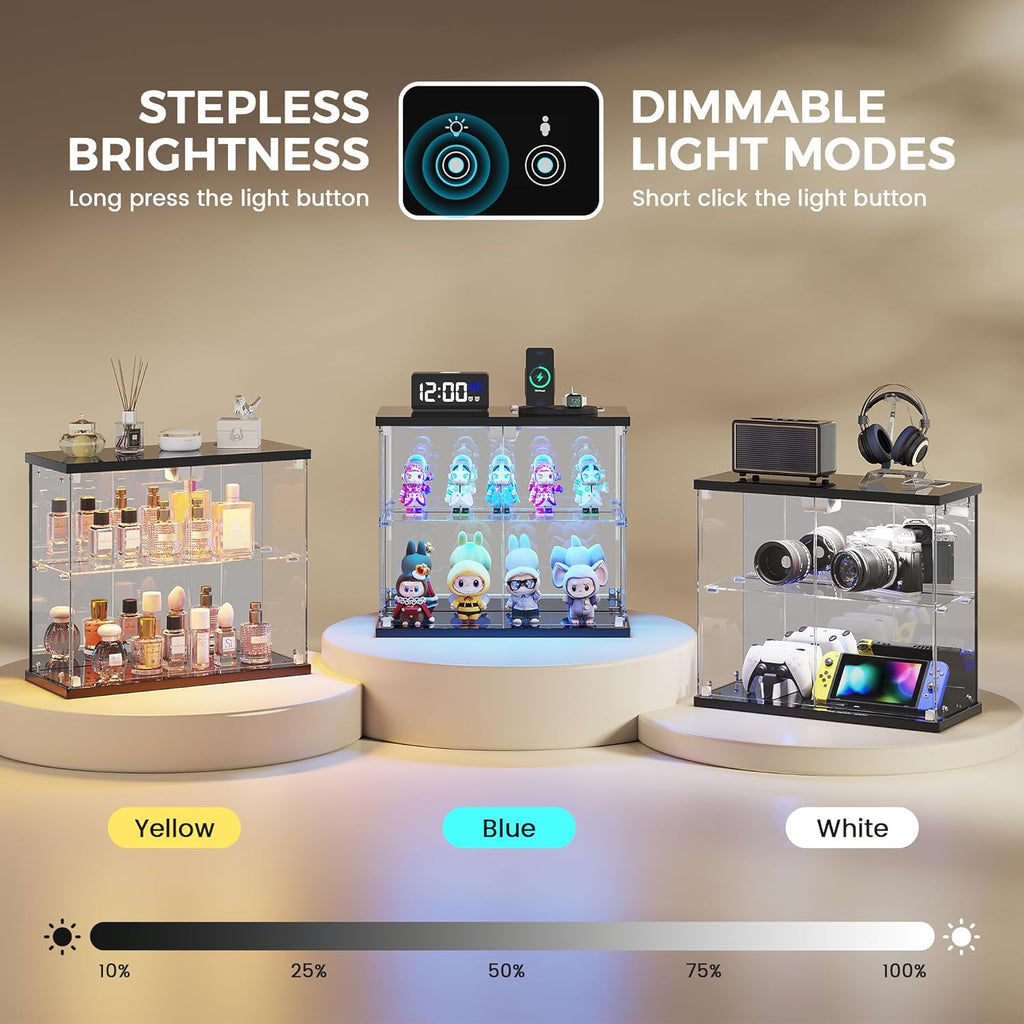 Dystler 2pcs LED Clear Glass Display Case - for Figures & Collectibles, Small 2-Tier Display Cabinet with Charging Station, Display Box with Lights & Human Sensor, for Model Car, Perfume, Black