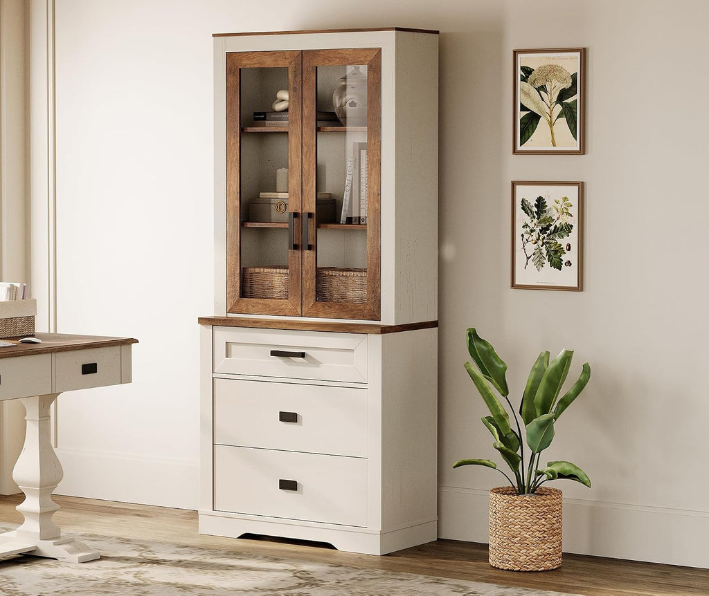 WAMPAT 73.3' Tall Bookcase with Glass Door, 31.5' Wide Rustic Wood Bookshelves with Chest of Drawers, Modern Farmhouse Display Storage Cabinet with Adjustable Shelves for Home,Office,White&Oak
