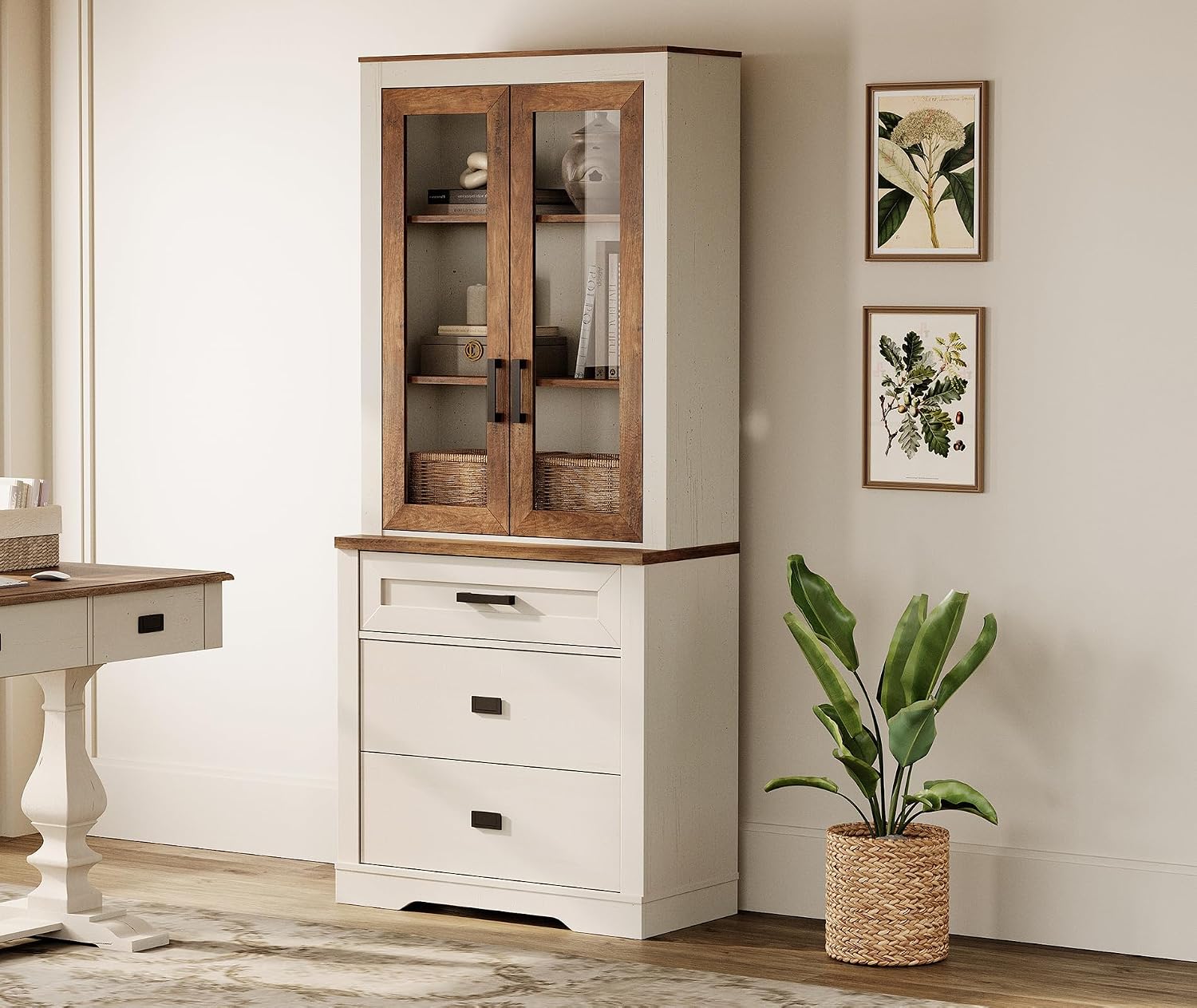 WAMPAT 73.3' Tall Bookcase with Glass Door, 31.5' Wide Rustic Wood Bookshelves with Chest of Drawers, Modern Farmhouse Display Storage Cabinet with Adjustable Shelves for Home,Office,White&Oak