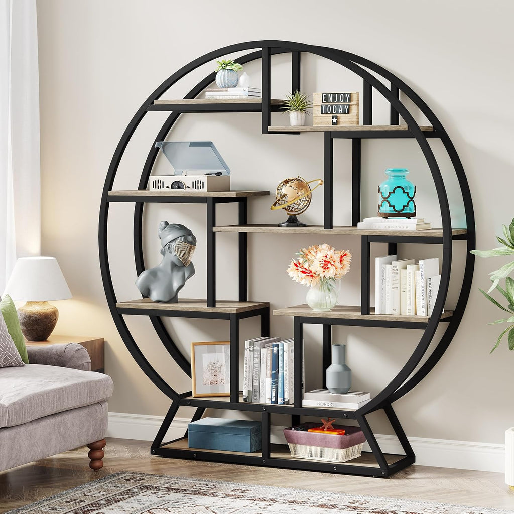 Tribesigns Bookshelf, Round Bookshelves Etagere Bookcase, 63 Inch Industrial Wood Book Shelf with Staggered Shelves, Open Shelving Organizer Rack Display Shelf for Home Office, Living Room, Grey