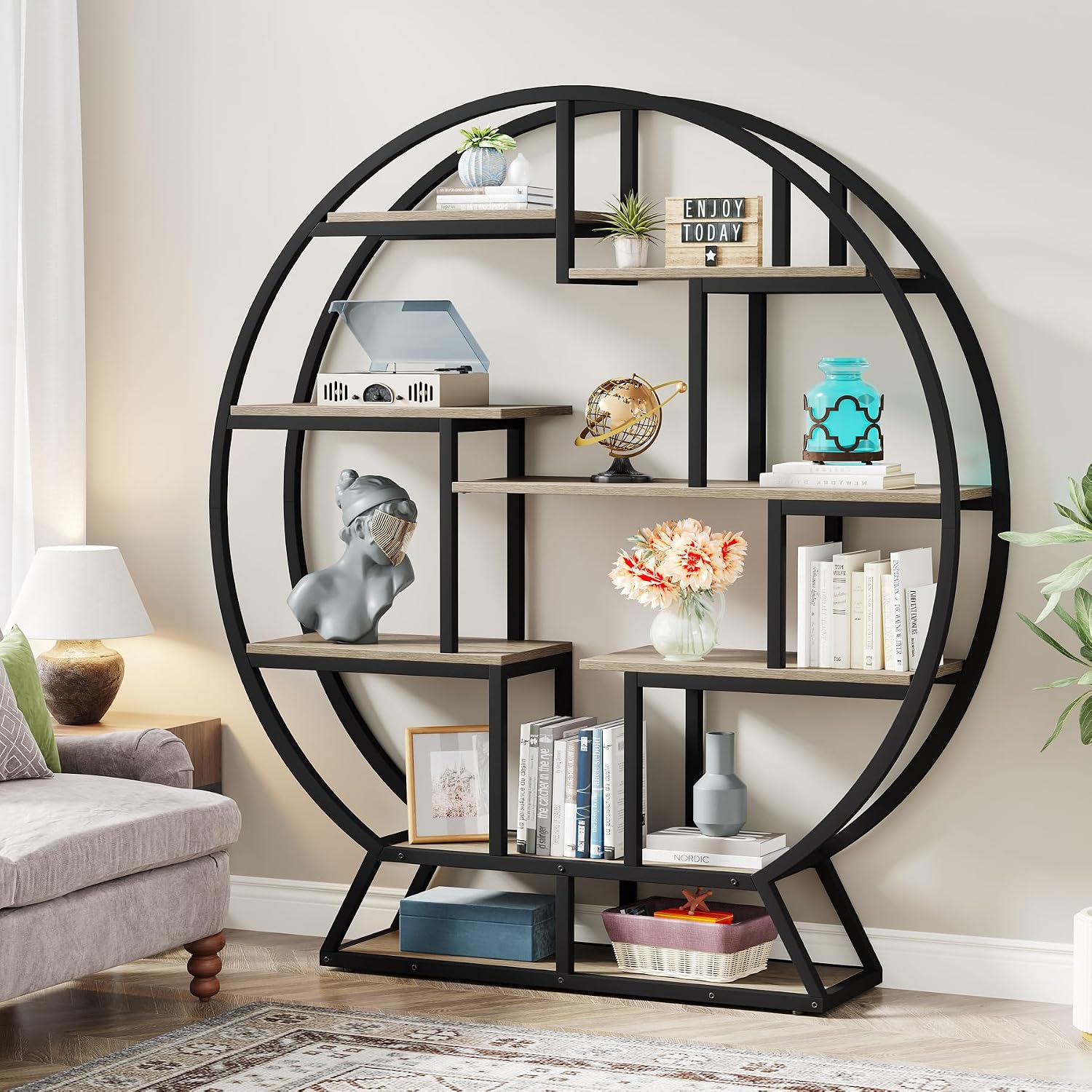 Tribesigns Bookshelf, Round Bookshelves Etagere Bookcase, 63 Inch Industrial Wood Book Shelf with Staggered Shelves, Open Shelving Organizer Rack Display Shelf for Home Office, Living Room, Grey