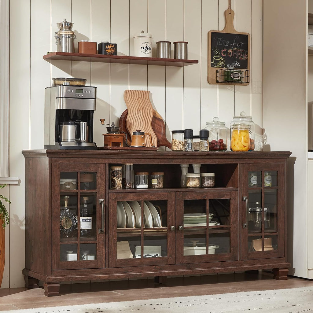 SAVOR LIFE Large Sideboard Buffet Cabinet with Storage, Vintage Walnut Farmhouse 60' Wide Credenza Accent Cabinets with Glass Doors & Wood Legs, Kitchen Coffee Bar Table for Dining Room, Living Room