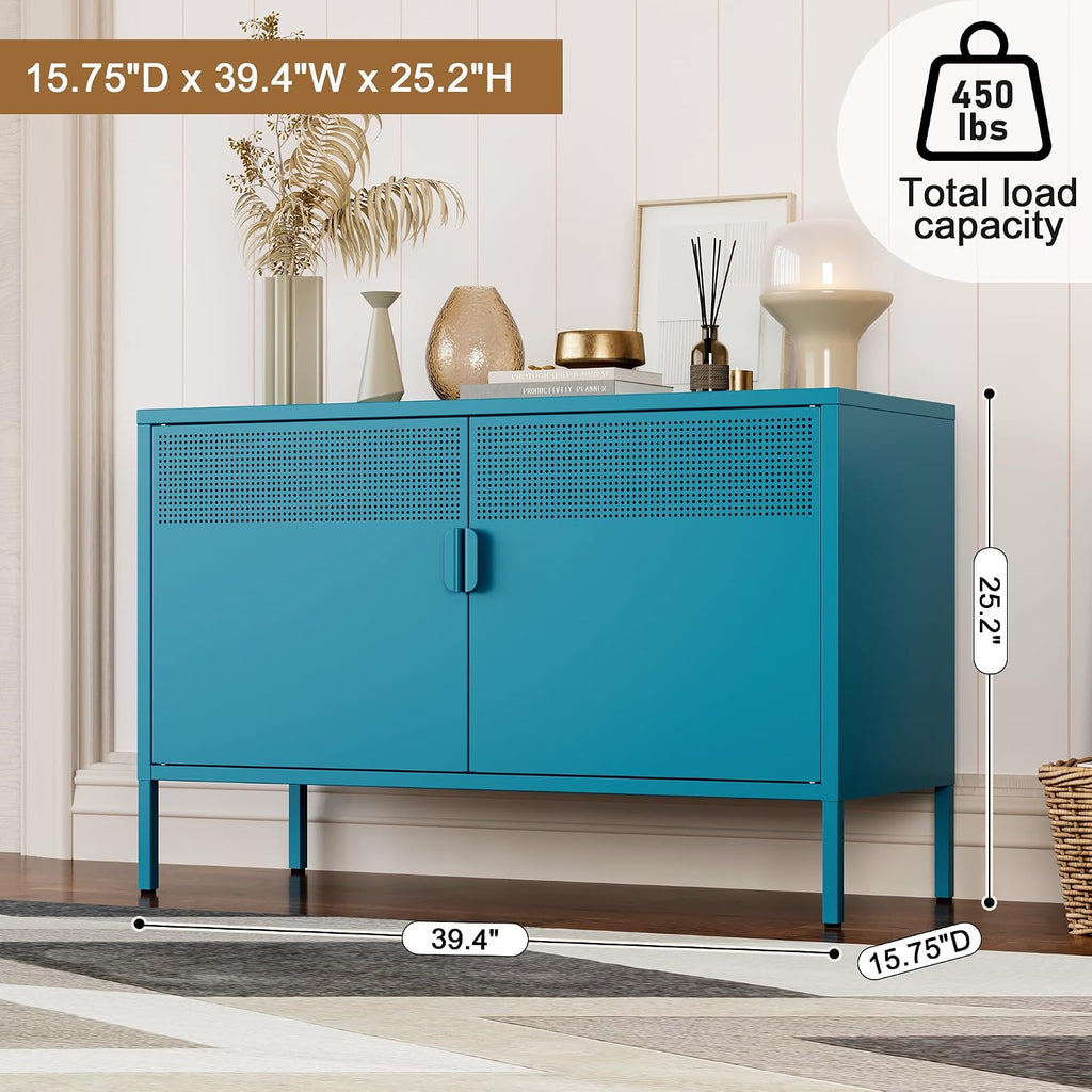 Chshin Metal Storage Cabinet with Doors,Blue Accent Cabinet,Metal Locker Storage Cabinets,2 Door TV Media Stand with Removable Shelves for,Home,Office,Entryway,Living Room