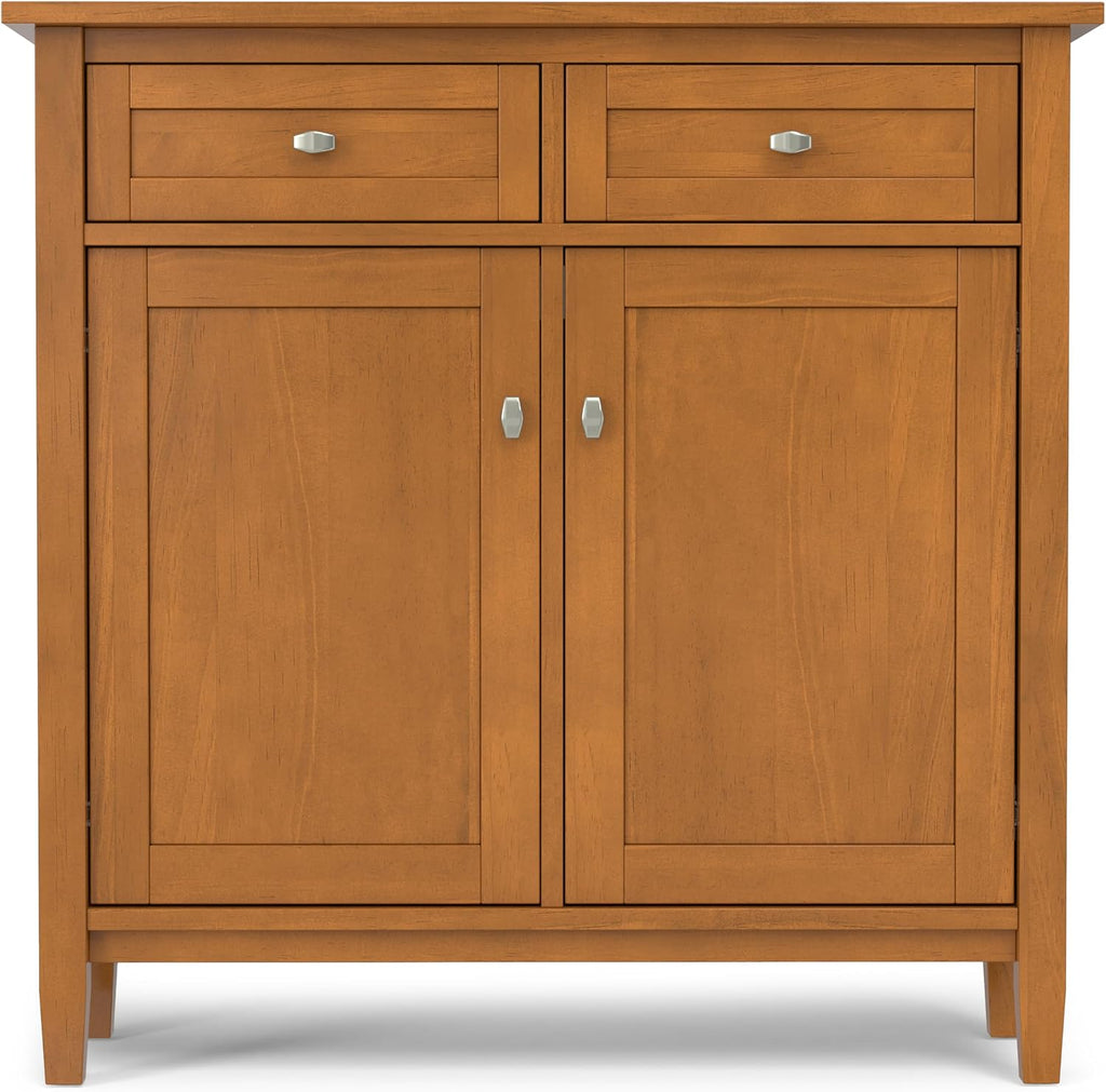 SIMPLIHOME Warm Shaker Storage Cabinet - 36 inch Wide Solid Wood 2-Shelf Entryway Storage Cabinet in Light Golden Brown, Transitional Accent Cabinet for Entryway with Drawers and Adjustable Shelves