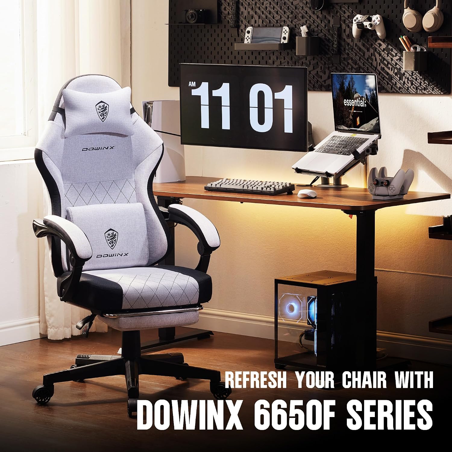 Dowinx Fabric Gaming Chair, Ergonomic Computer Chair with Footrest and Pocket Spring Cushion, Height Adjustable Video Gamer Chair with Lumbar Support for Adults, White Grey