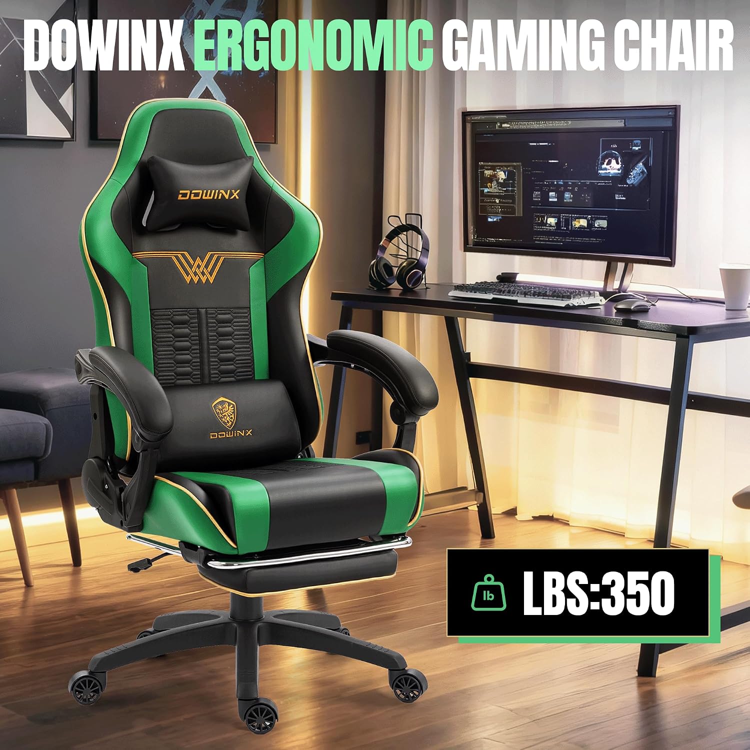Dowinx Big and Tall Gaming Chair 350LBS, Racing Style Ergonomic Computer Chair with Side-Mounted Recline Control, Footrest & Massage Lumbar, High Back Chair with Embroidered Design for Work, Green