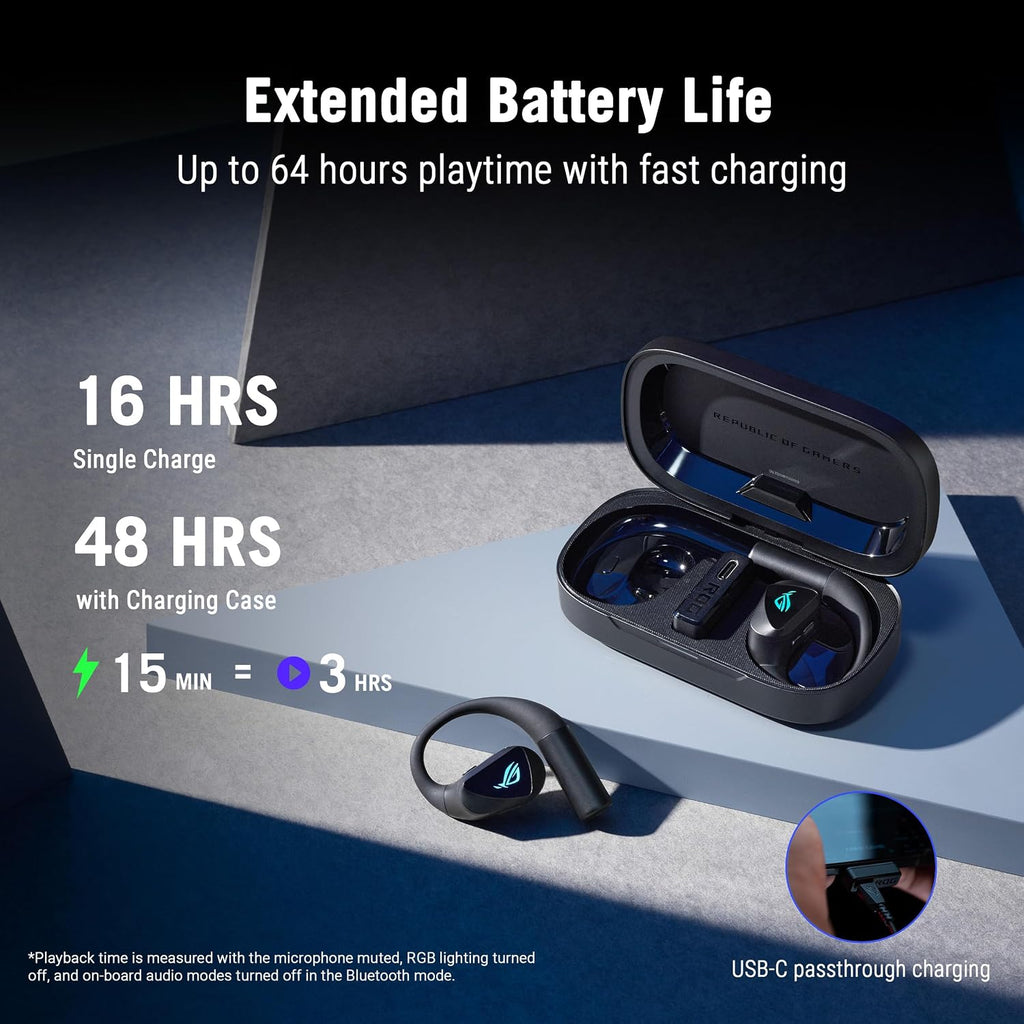 ASUS ROG Cetra Open Wireless Open Ear Earbuds – Dual-Mode (BT/2.4GHz), Quad AI Noise-Canceling Mic, Low Latency, 16H Playtime, IPX5 Water Resistant, for Daily/Workout/Outdoor/Gaming Use - Black