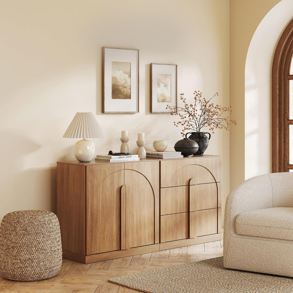 BELLEZE Modular Sideboard Cabinet with Storage, 2-Piece Modern Buffet Cabinet with Adjustable Shelf and 3 Drawers, Media Console Minimalist Credenza for Living Room Kitchen Dining Room, Camel