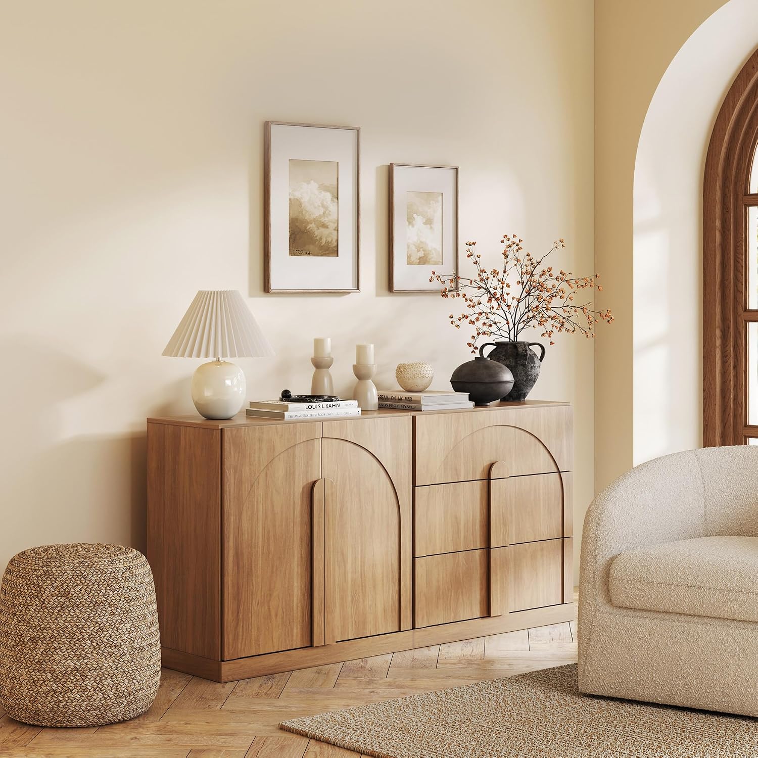 BELLEZE Modular Sideboard Cabinet with Storage, 2-Piece Modern Buffet Cabinet with Adjustable Shelf and 3 Drawers, Media Console Minimalist Credenza for Living Room Kitchen Dining Room, Camel