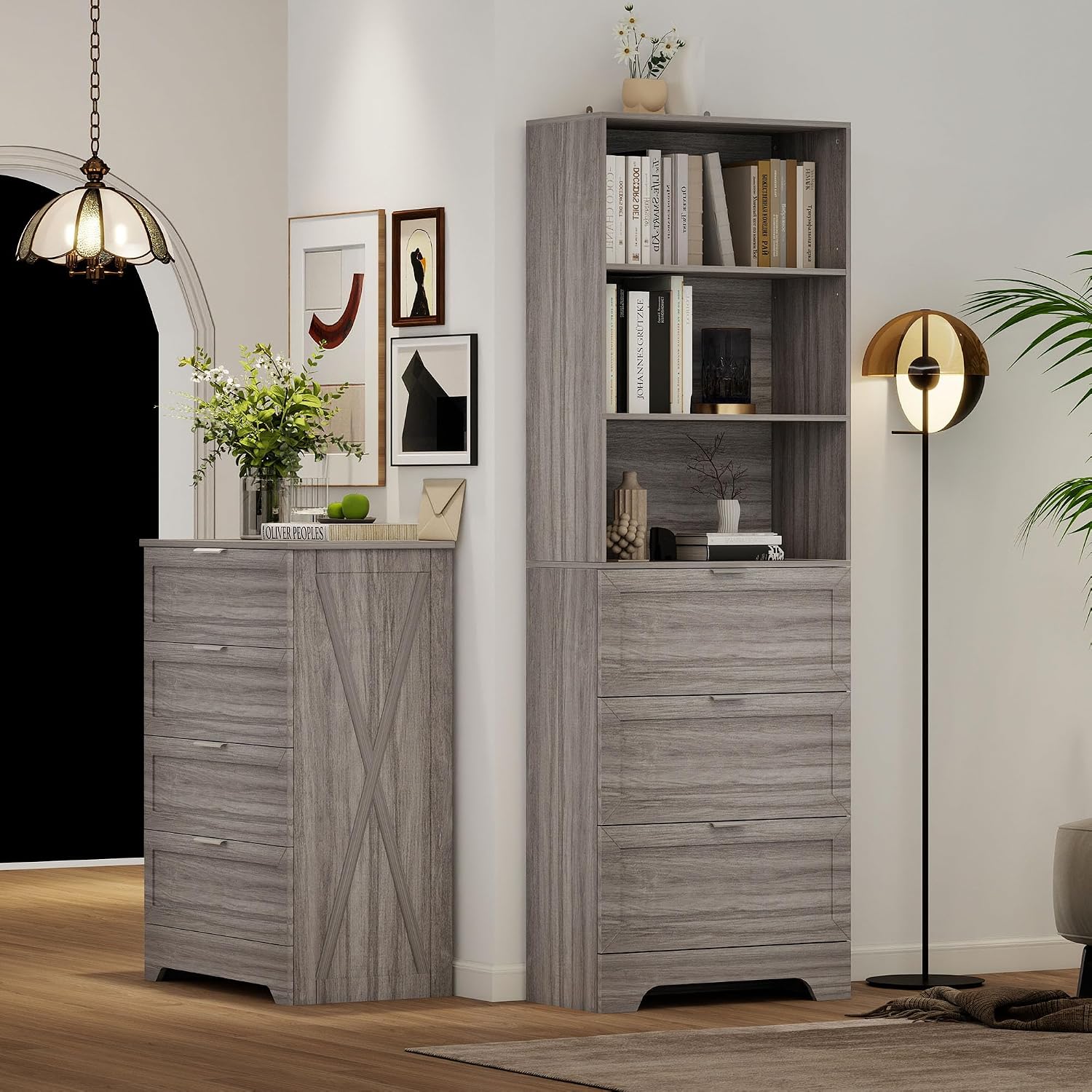 FTZxHKLX 71'' Tall Bookshelf with Drawers,6 Tier Wooden Bookcase Storage Organizer,Freestanding Display Cabinet with Adjustable Shelves for Living Room, Bedroom, Kitchen, Home Office, Wash Grey