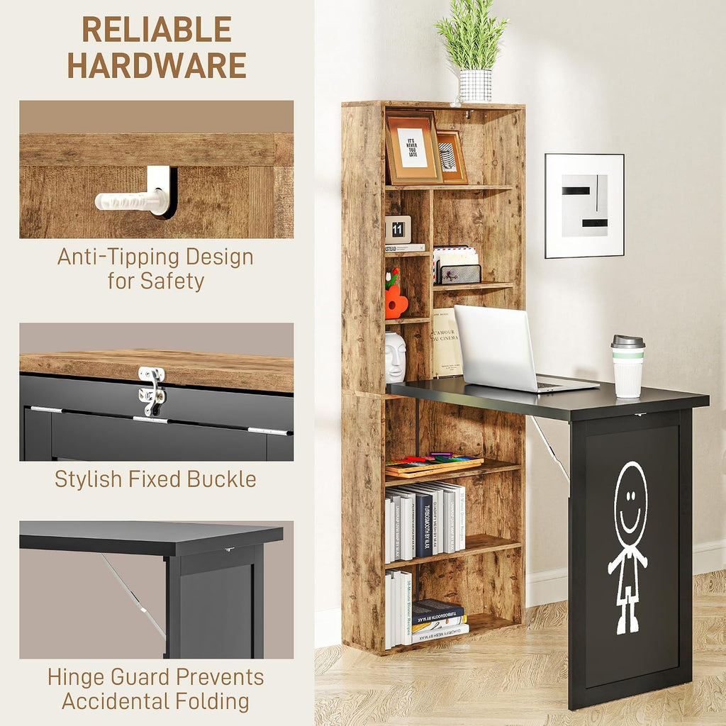 HOMCOM Foldable Convertible Writing Table, Wall Mounted Space-Saving Computer Desk with Chalkboard and Storage Shelves for Small Spaces, Home Office, Bedroom, Dorm, Apartment, Rustic Brown