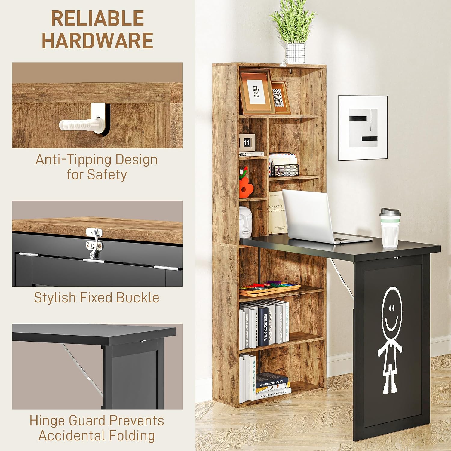HOMCOM Foldable Convertible Writing Table, Wall Mounted Space-Saving Computer Desk with Chalkboard and Storage Shelves for Small Spaces, Home Office, Bedroom, Dorm, Apartment, Rustic Brown