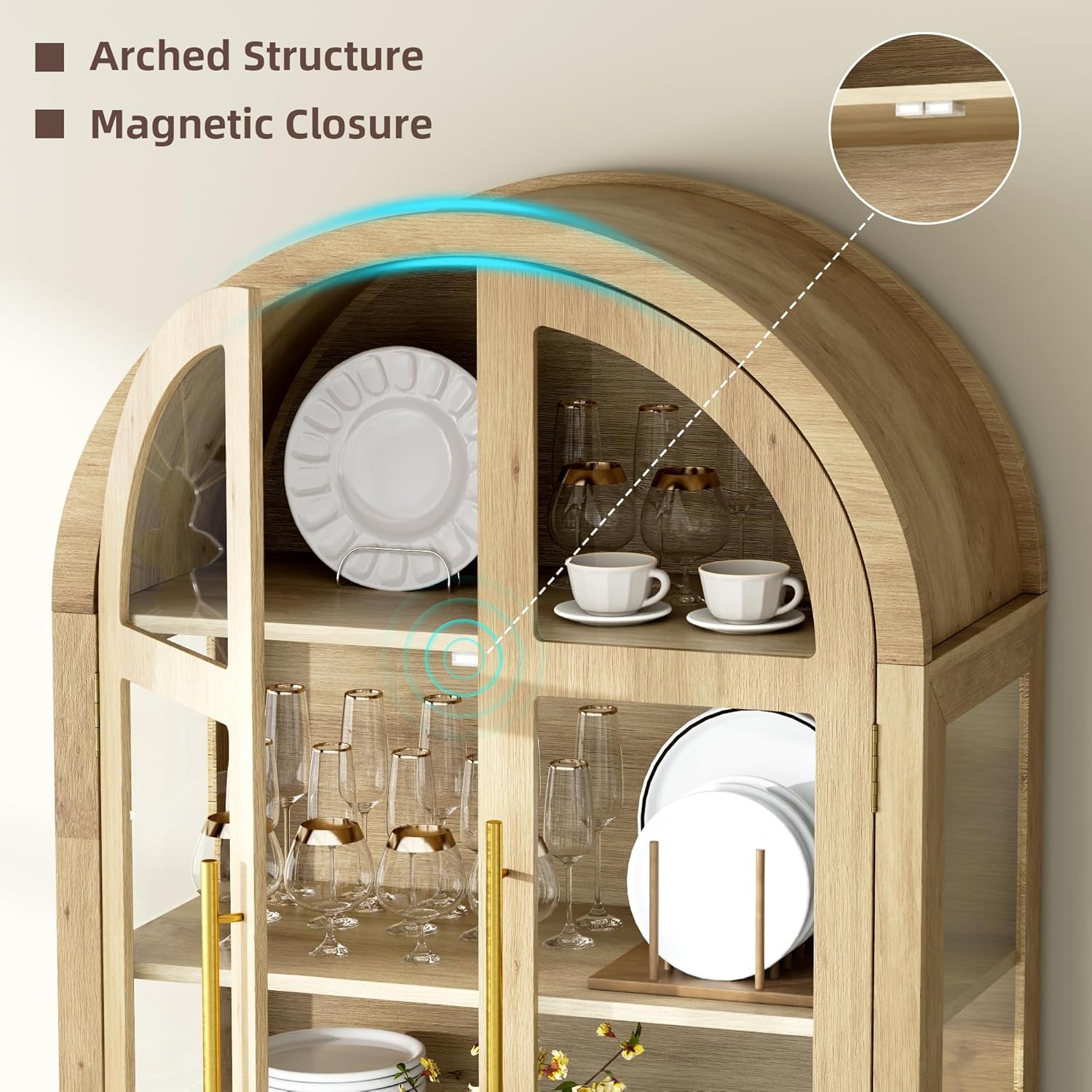 Vlsrka 71' Arched Curio Cabinet with Glass Doors, 4-Shelves Display Cabinet and 2 Drawers, Display Case with 3 Color Lights, Tall Bookcase, Kitchen Pantry, Wood Color