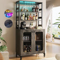 Aheaplus Bar Cabinet with Power Outlets, 67' Tall Wine Bar Cabinet Liquor Cabinet with LED Lights and Glass Holder, Coffee Bar Station for Living Room, Microwave Stand Bakers Rack Cabinet, Black Oak