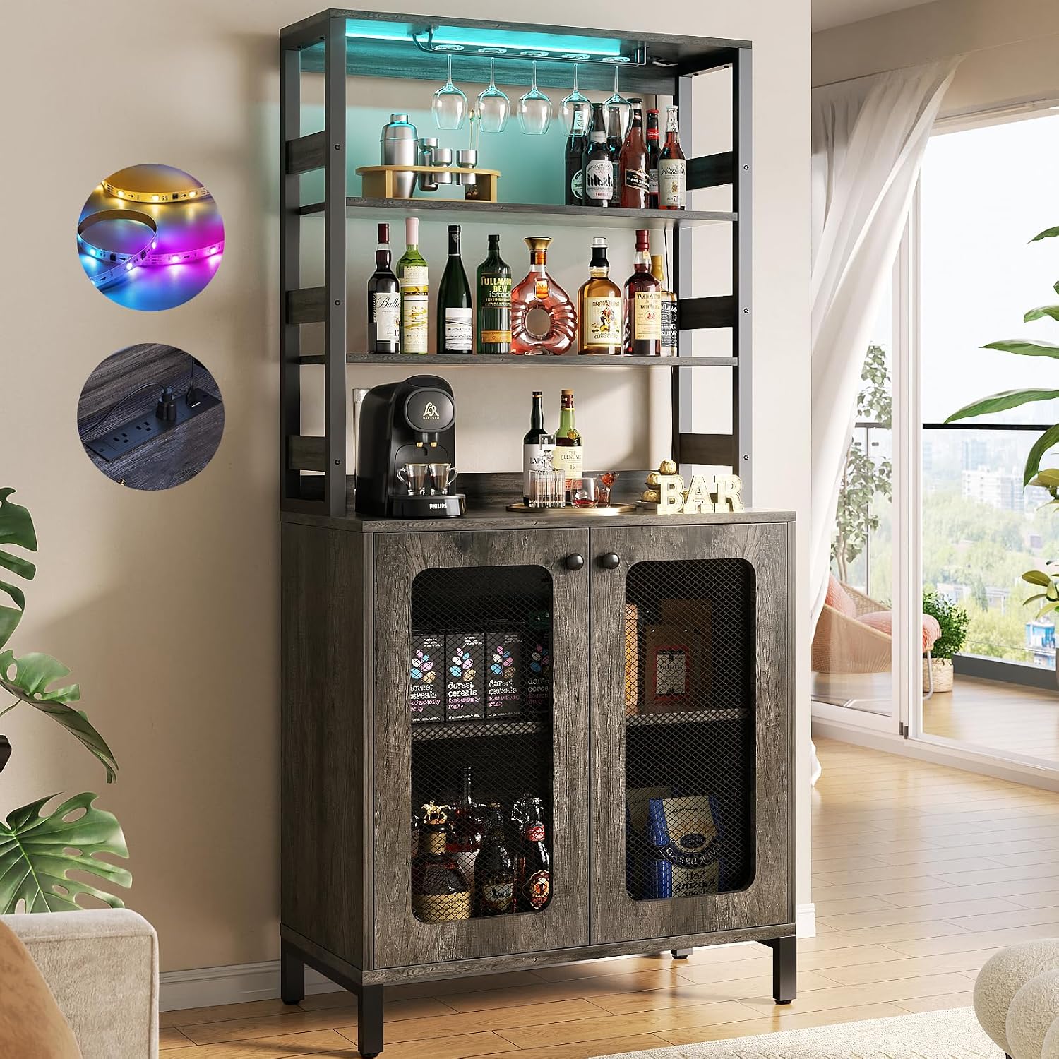 Aheaplus Bar Cabinet with Power Outlets, 67' Tall Wine Bar Cabinet Liquor Cabinet with LED Lights and Glass Holder, Coffee Bar Station for Living Room, Microwave Stand Bakers Rack Cabinet, Black Oak