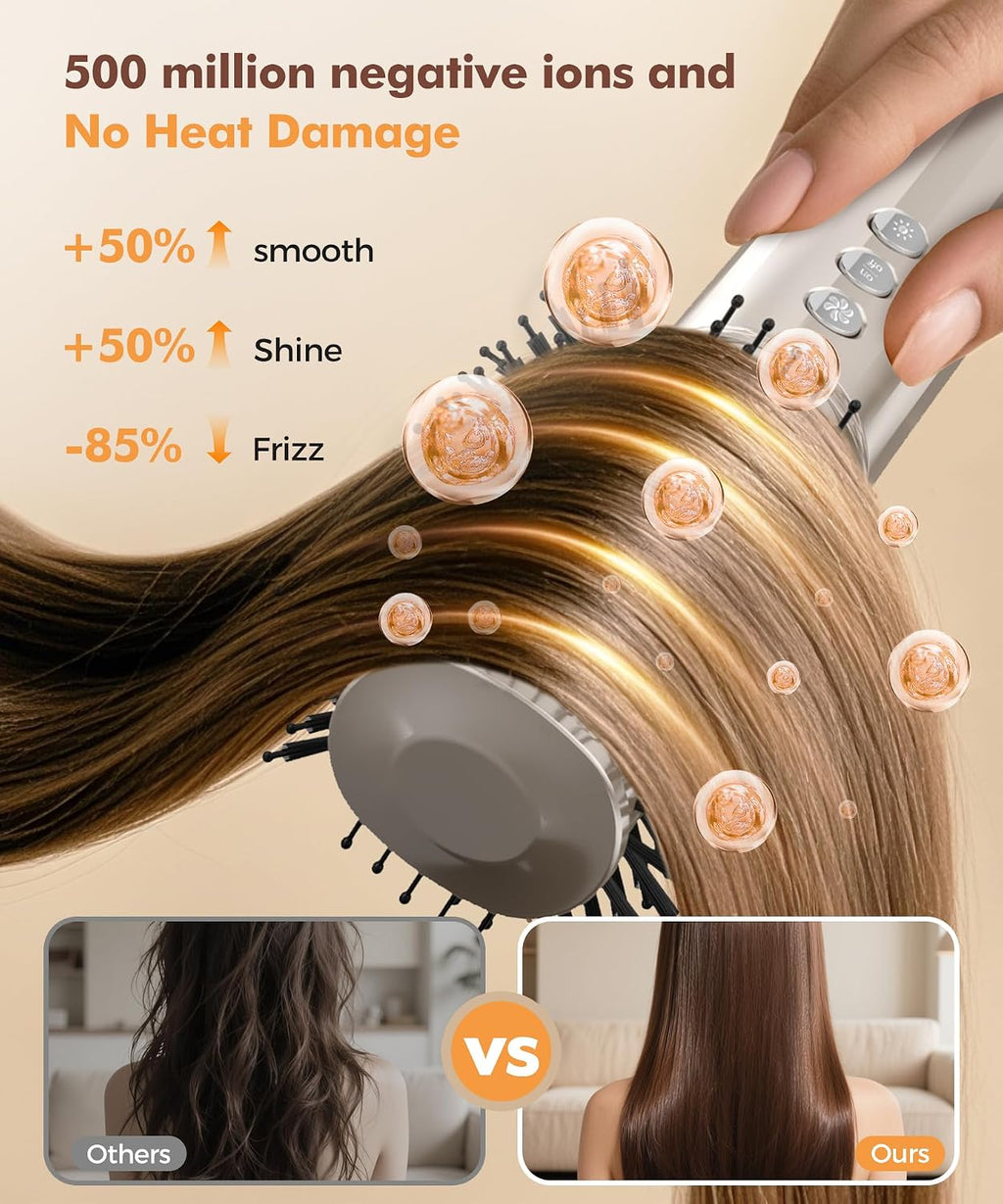 Cosy Companions 6 in-1 Hair Dryer Brush, 150,000 RPM High-Speed Negative Ionic, Blow Dryer Brush for Fast Drying, Hot Air Brush for Curling/Volumizing/Straightening with Travel Bag, Gold