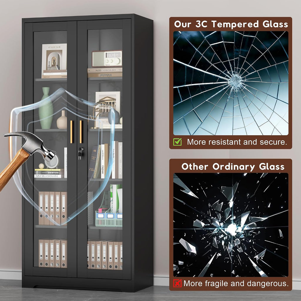 UNICOLY Lockable Display Cabinet with Glass Doors, Curio Cabinets with 4 Adjustable Shelves, Liquor Bookcase Bookshelf with Doors, Metal Storage Cabinet for Living Room Pantry, Black