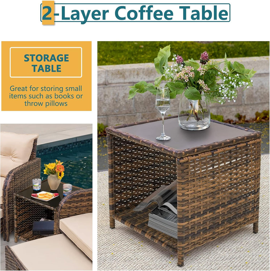 5 Pieces Patio Chairs Set with Ottomans, All Weather PE Rattan, Outdoor Conversation Furniture with Table, Beige