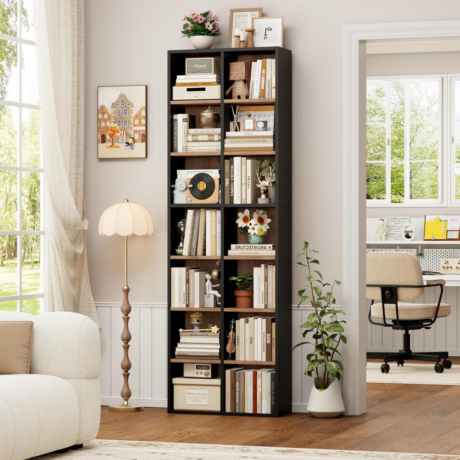 FOTOSOK 71'' Tall Bookshelf with 14 Cubes, 7 Tier Double Wide Wood Bookshelf with 6 Adjustable Shelves, 19.6' Narrow Bookcase DVD/CD Media Storage, Space Saving Display Shelf Cabinet, Black/Brown