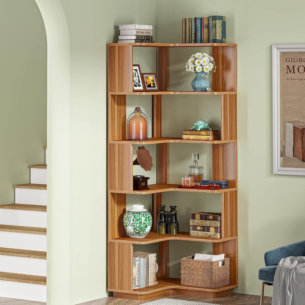 Tribesigns 6 Tier Corner Bookshelf, 64.9 Inches Tall Industrial L Shaped Bookcase with Anti-Drop Panel, Freestanding Wood Grain Shelf Display Rack Storage Organizer for Home Office