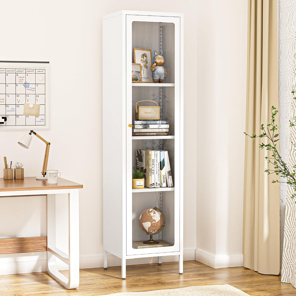 Foreate Cabinet with Glass Door, 4-Tier Curio Cabinet, Glass Display Cabinet with Adjustable Shelves, Metal Storage Display Case, Tall Bookcase for Kitchen Living Room Office, White