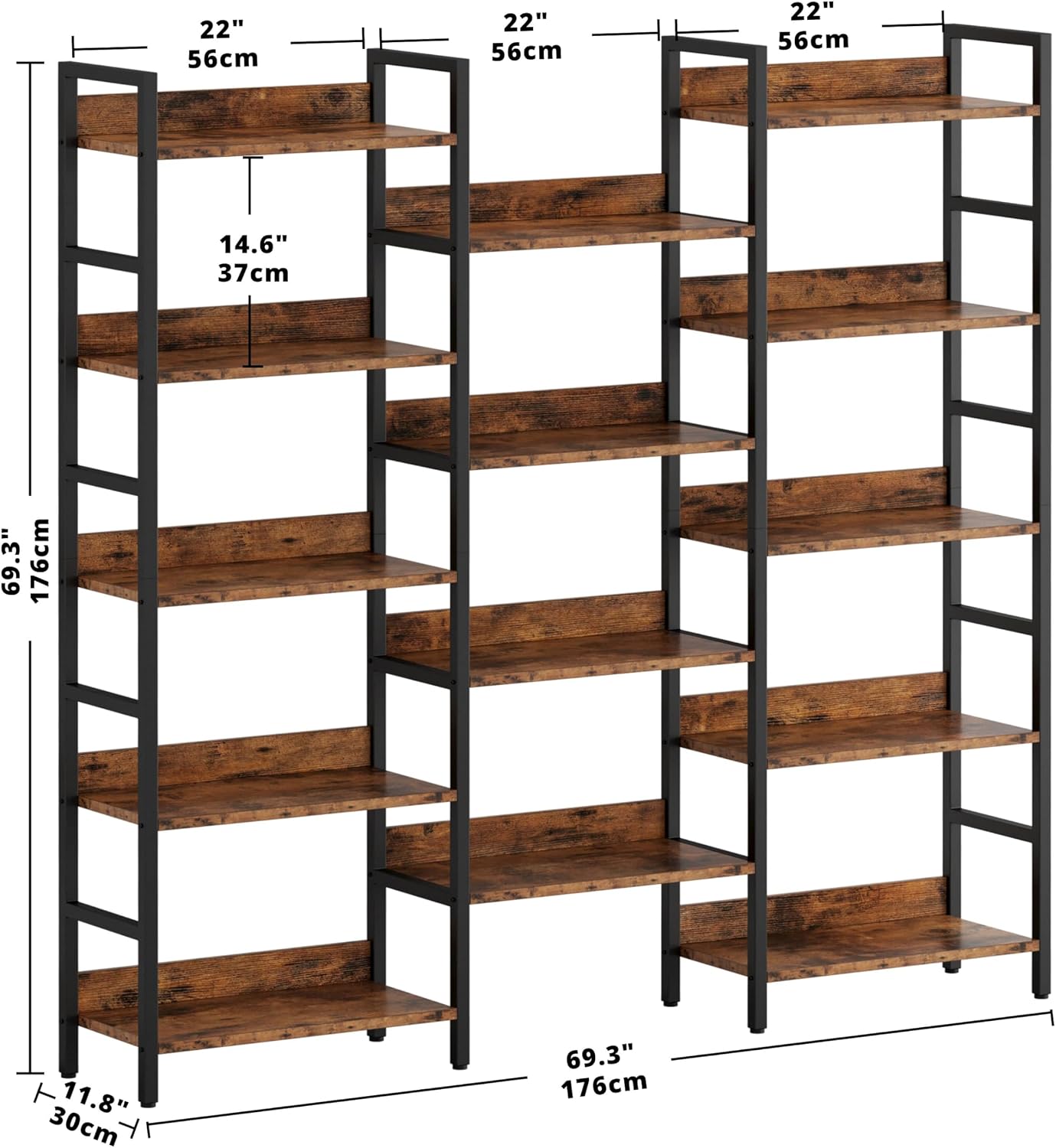IRONCK Bookshelf, Bookshelves and Bookcases, 5 Tiers Bookshelf with Baffles, Large Book Shelf with Metal Shelving, Triple Wide Shelves for Living Room, Home Office