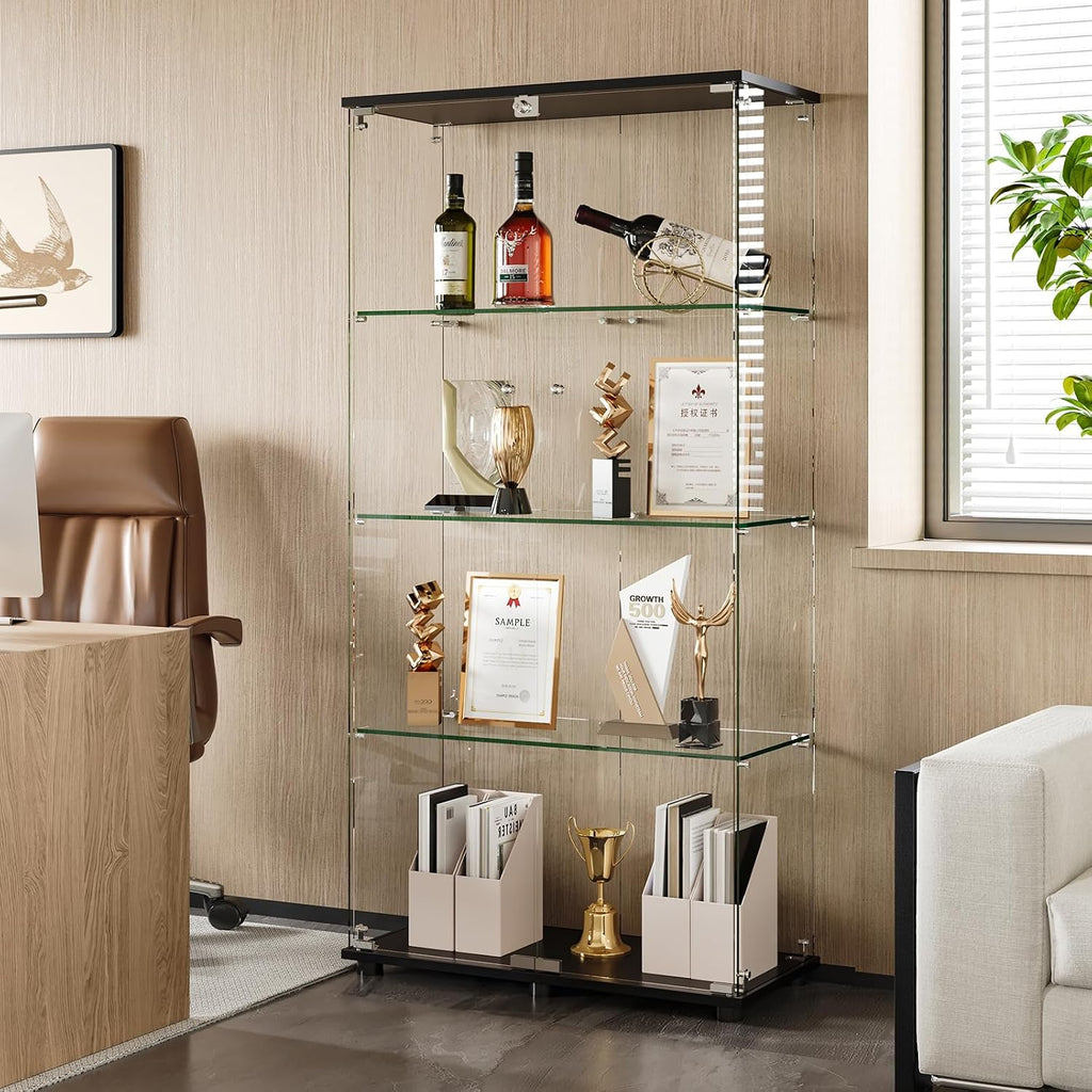 Glass Display Cabinet with 4-Shelf Double Doors and Lock, 5mm Tempered Glass Floor Standing Bookshelf for Living Room, Bedroom, Office, 64 x 31.7 x 14.3 in, Black