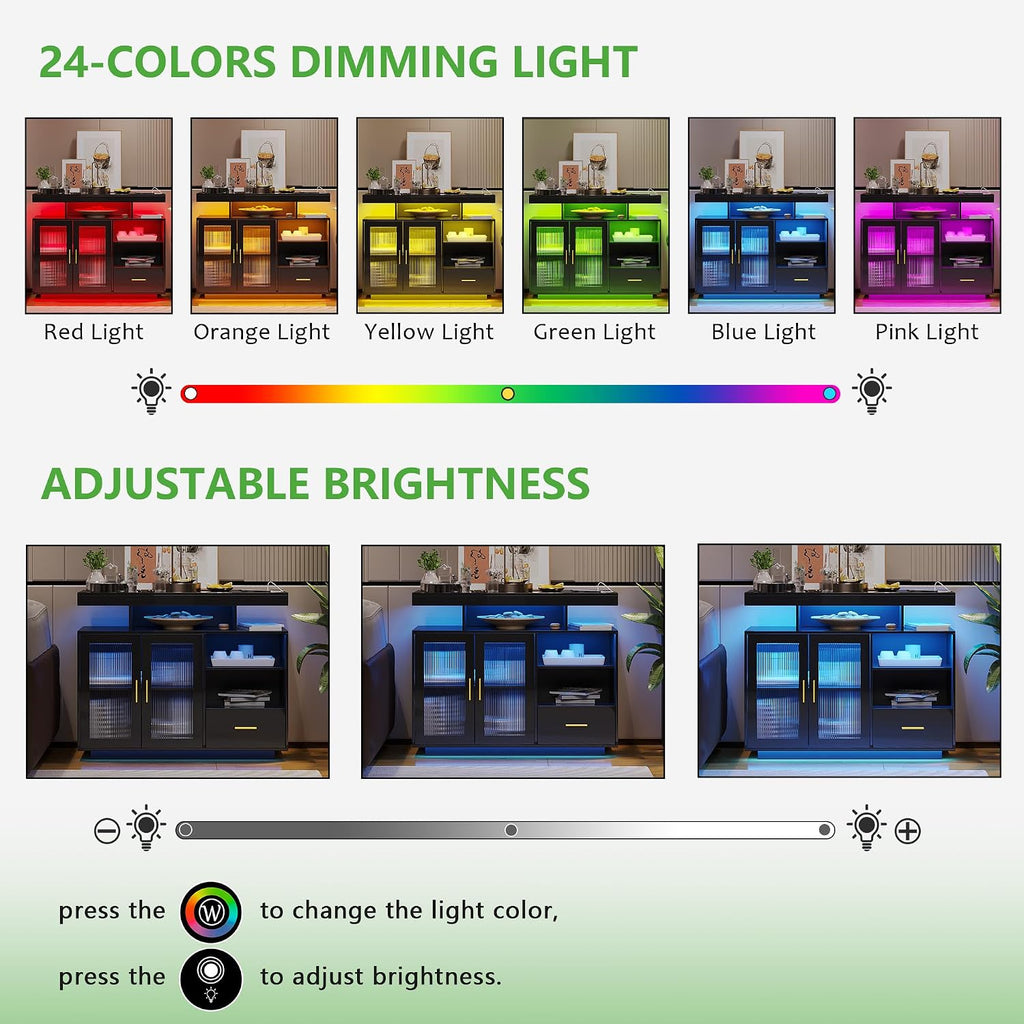 HNEBC LED Sideboard Buffet Cabinet with Charging Station, Smart Bar Cabinet with Auto RGB Lighted, High Gloss Coffee Bar with Drawer/Hutch for Living Room, Dining Room, Home Storager(Black)