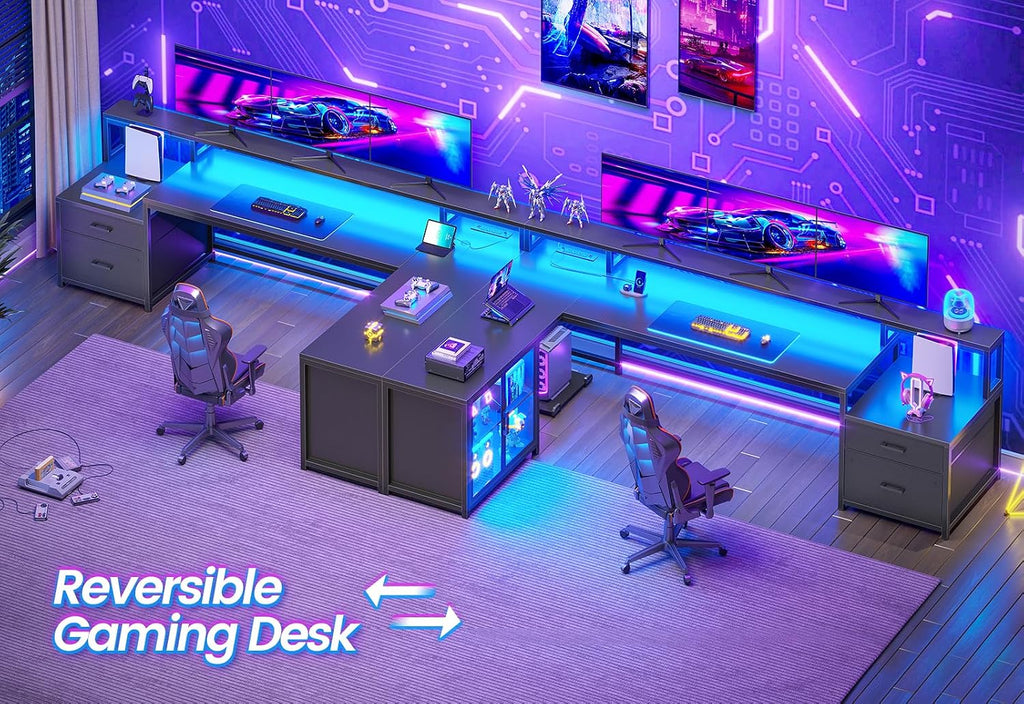SEDETA L Shaped Gaming Desk, 78.7' Large Computer Desk with Drawers and Power Outlet & LED Light, Corner Gaming Desk with Storage Shelves, Display Cabinet for Home Office, Black