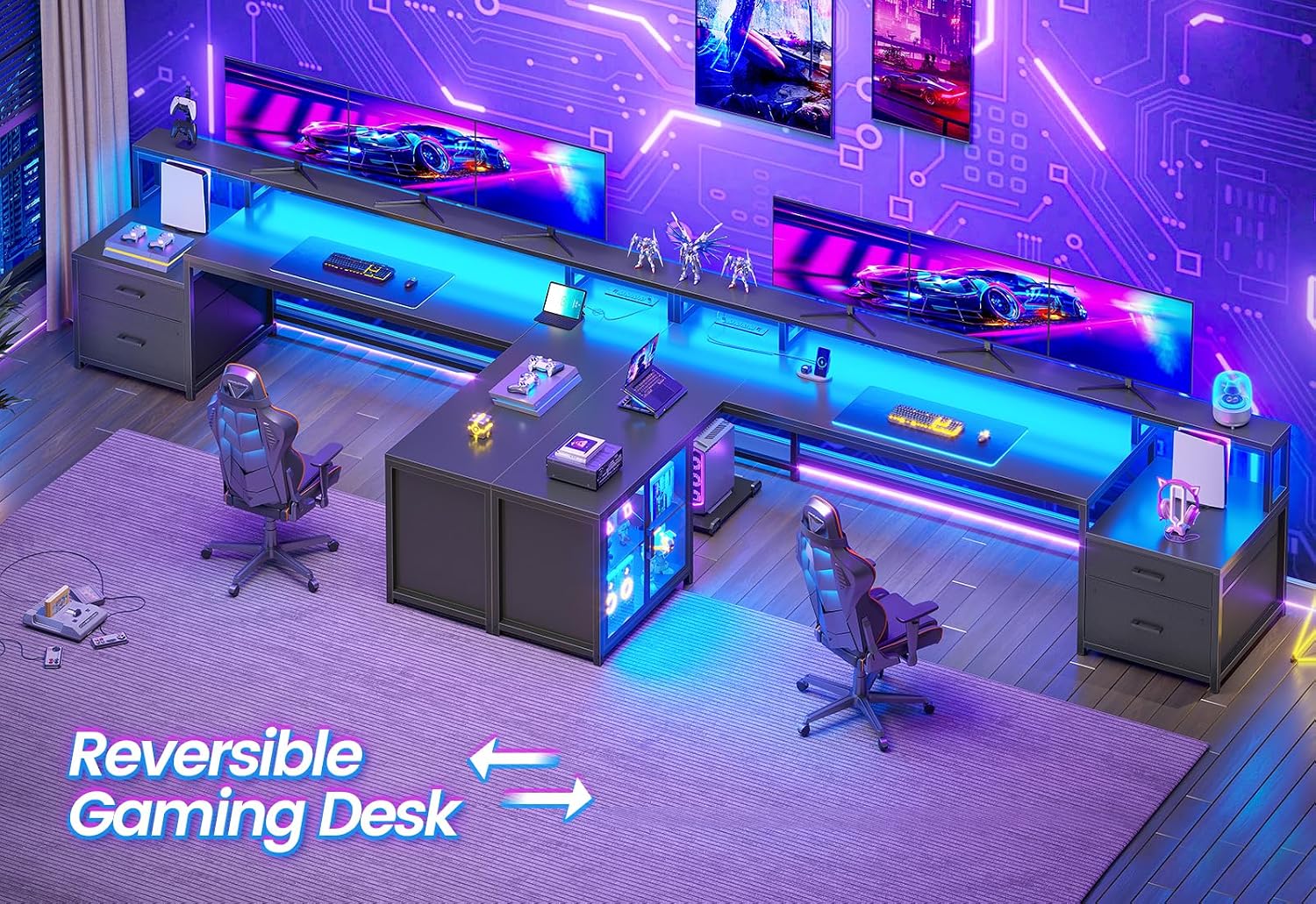 SEDETA L Shaped Gaming Desk, 78.7' Large Computer Desk with Drawers and Power Outlet & LED Light, Corner Gaming Desk with Storage Shelves, Display Cabinet for Home Office, Black
