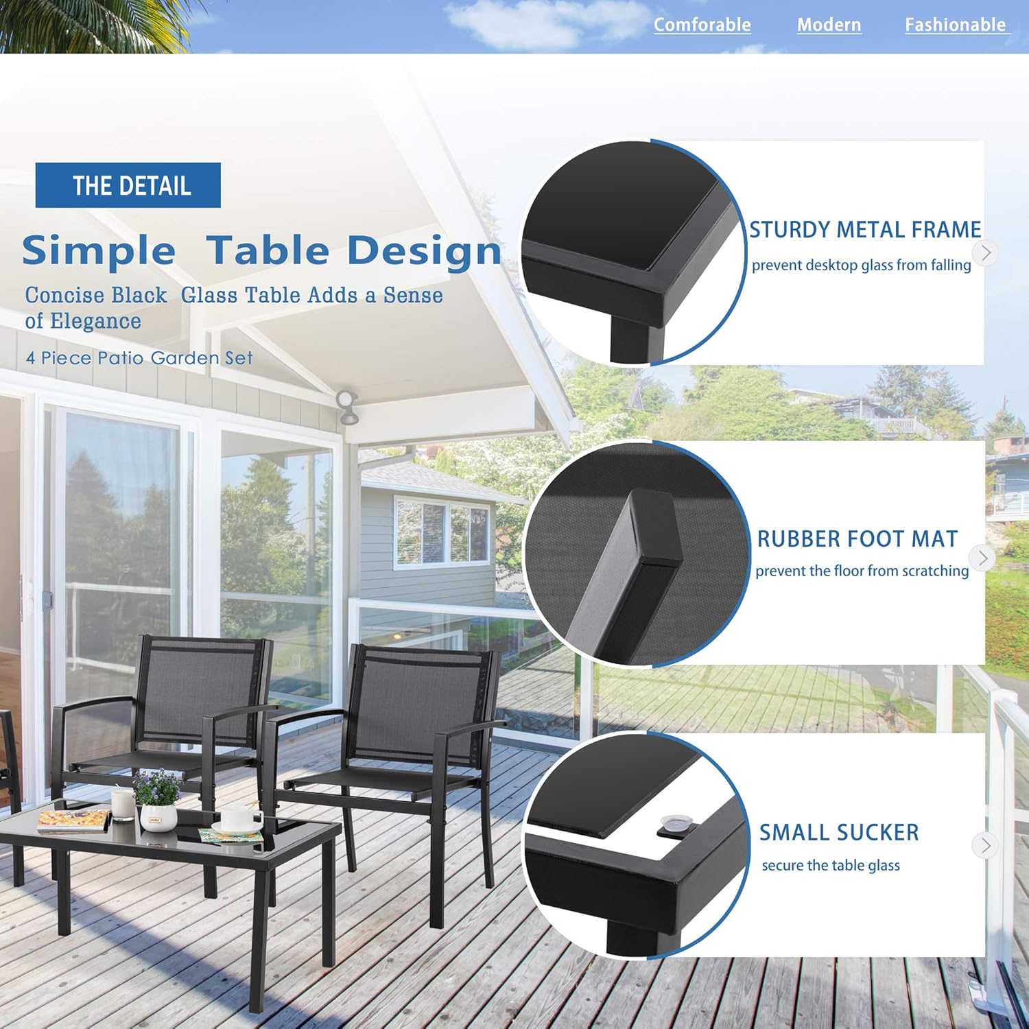 Vongrasig 4 Pieces Patio Furniture Sets, Outdoor Patio Conversation Sets with Glass Coffee Table for Garden, Backyard, Lawn, Poolside (Dark Grey)