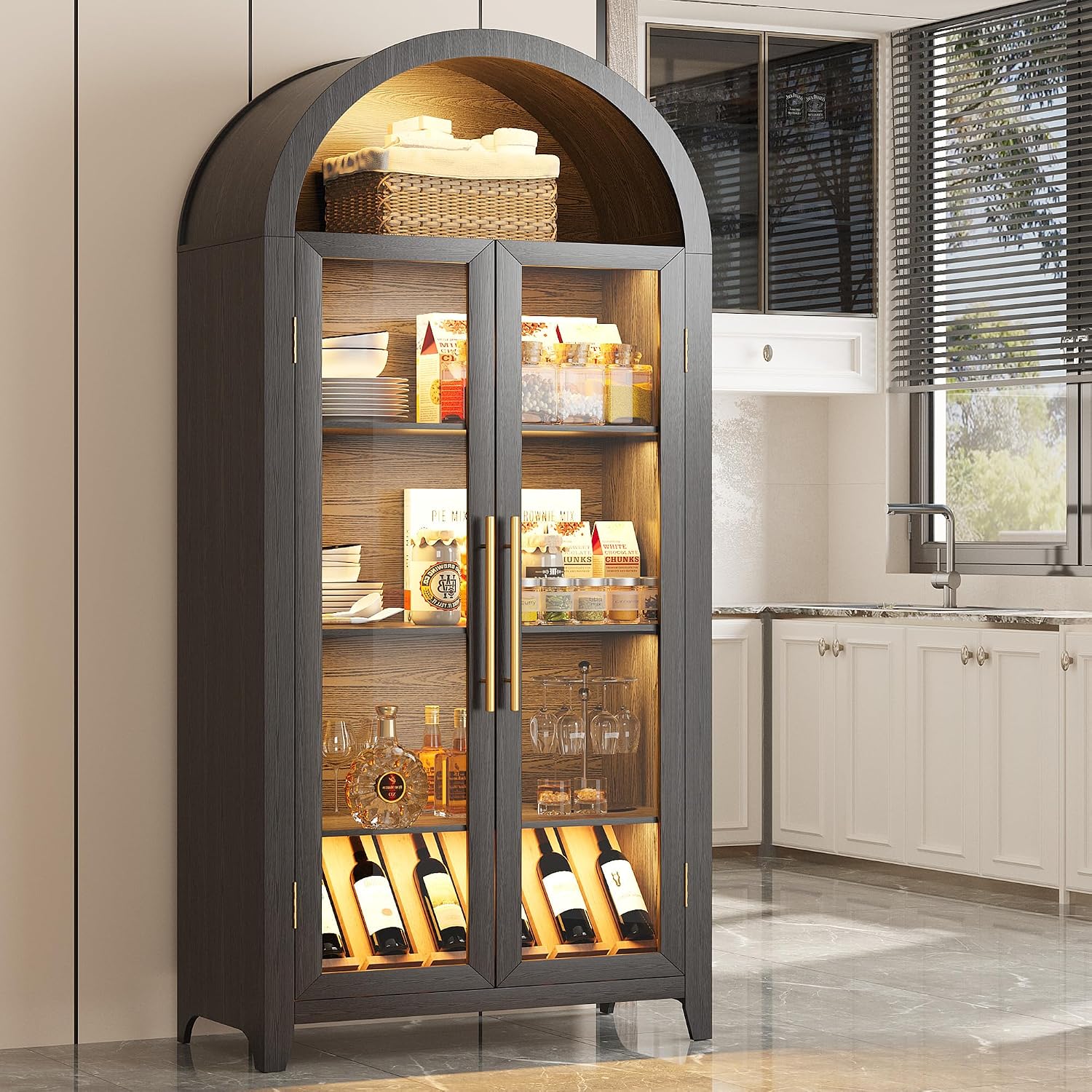 Vlsrka 71' Arched Kitchen Pantry Storage Cabinet with Glass Doors, 5-Tier Display Cabinets for Collectibles, Arched Tall Bookcase with LED Light & Human Sensor, Curio Cabinet with Adjustable Shelf