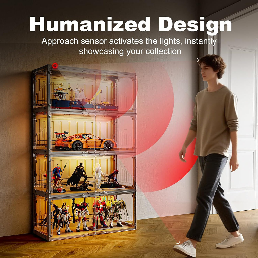 MAGINELS Foldable Display Cabinet, with 2 Color Lights & Infrared Sensing for Collectibles, Curio Cabinet Glass Display Case with Remote Control, Storage Cabinet,Black